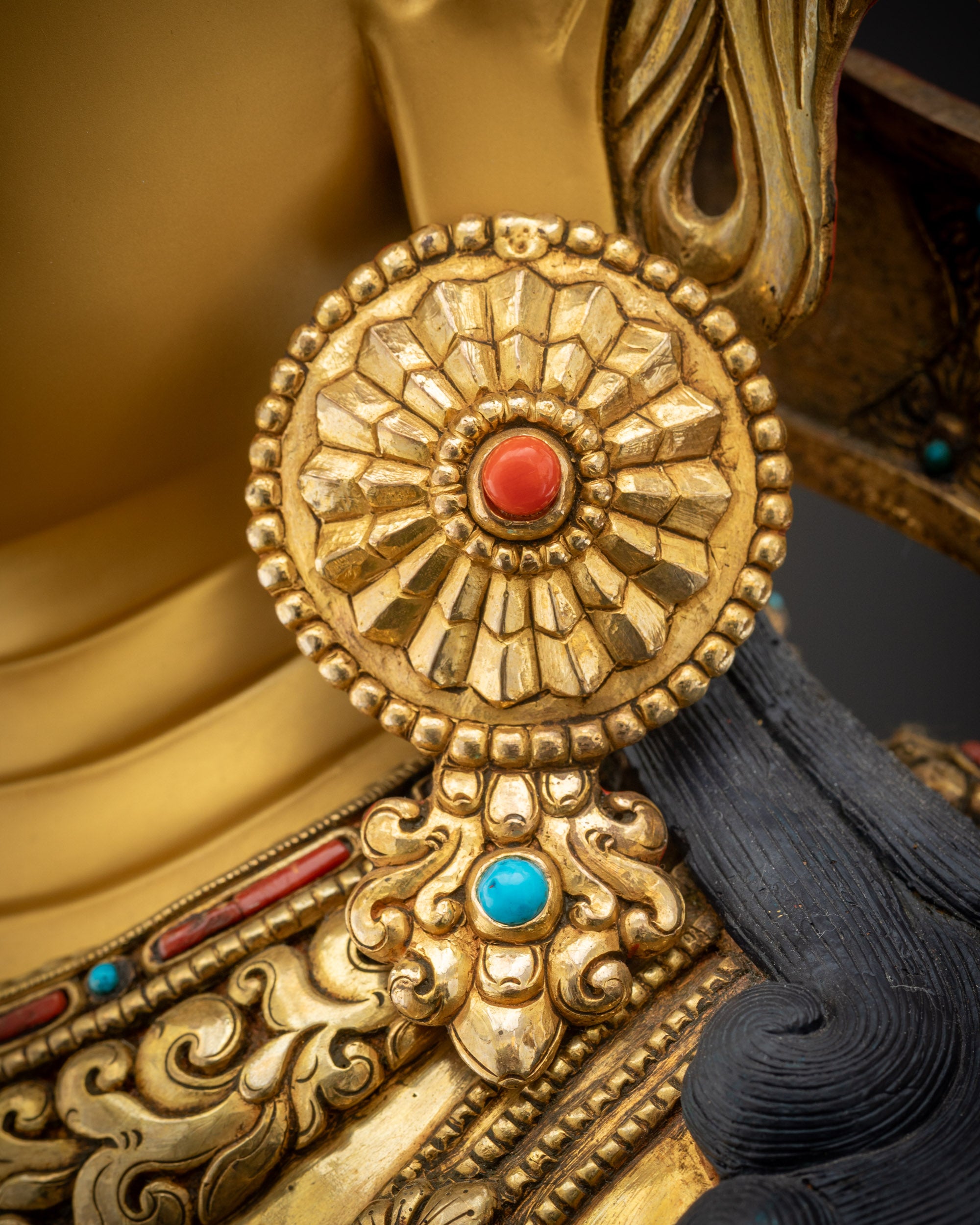 Close up view of jewelries Green Tara five-jeweled crown earrings ornaments gold-gilded