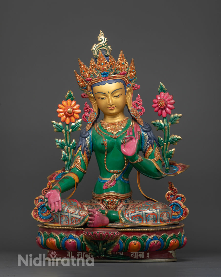 Beautiful Colored Green Tara Statue | 24k pure gold face green tara statue | Sacred Art of Green tara statue