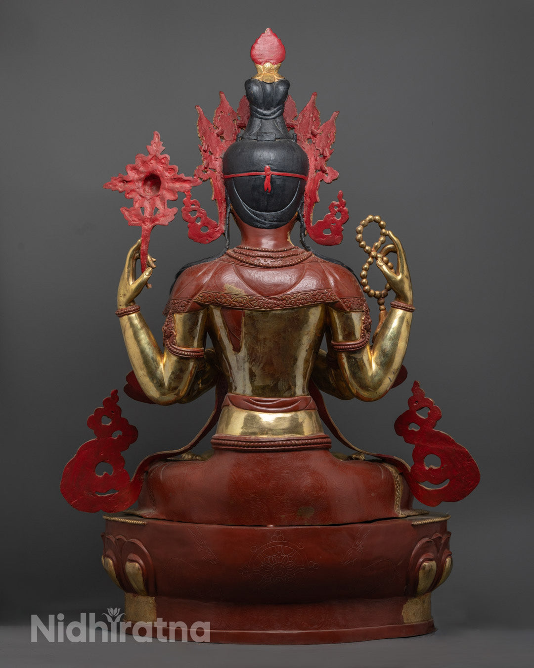 Colorfully painted Chenrezig Statue with acrylic colors and intricate lotus throne carving