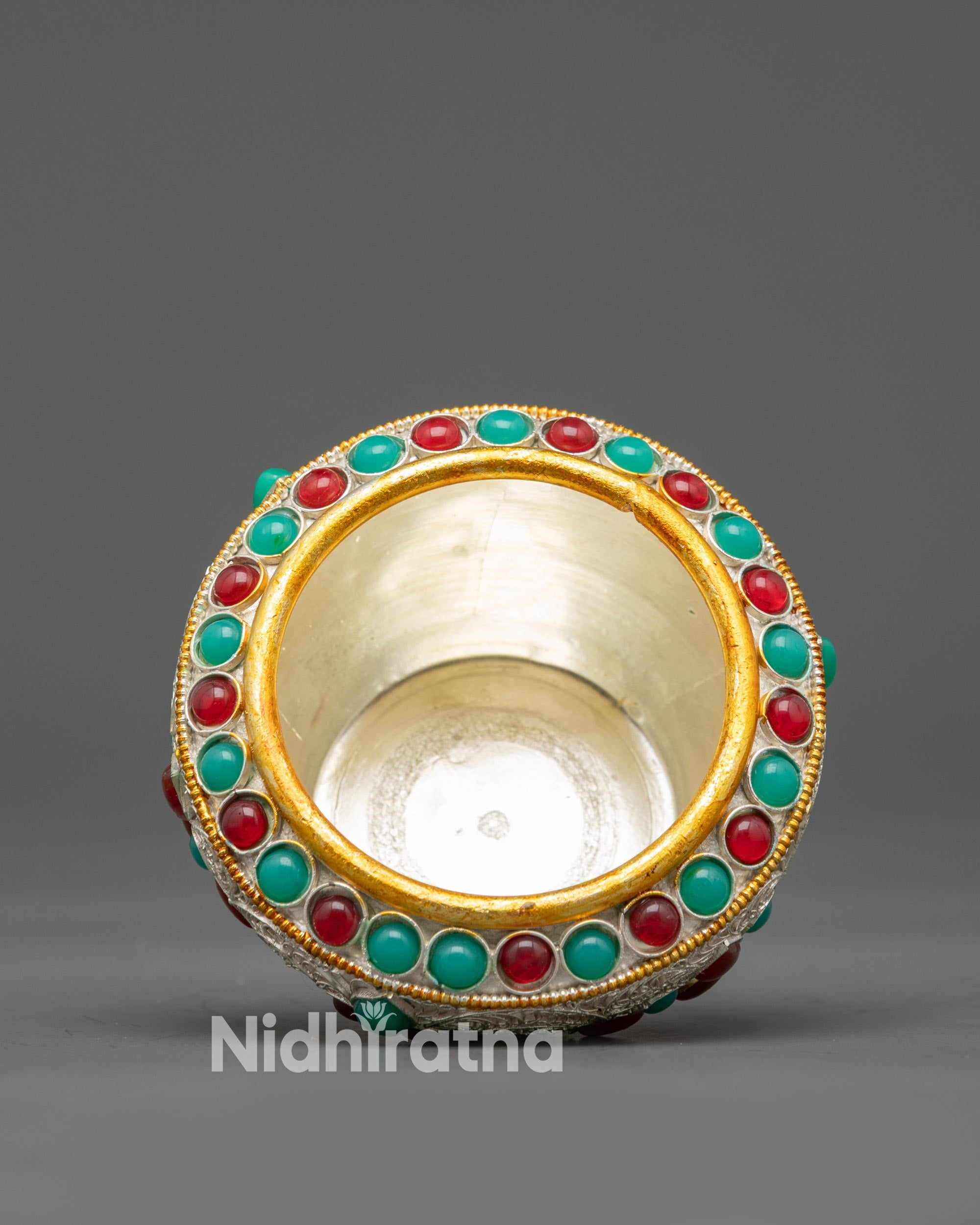 Copper Buddhist Ritual Vessel Adorned with Semi-Precious Stones