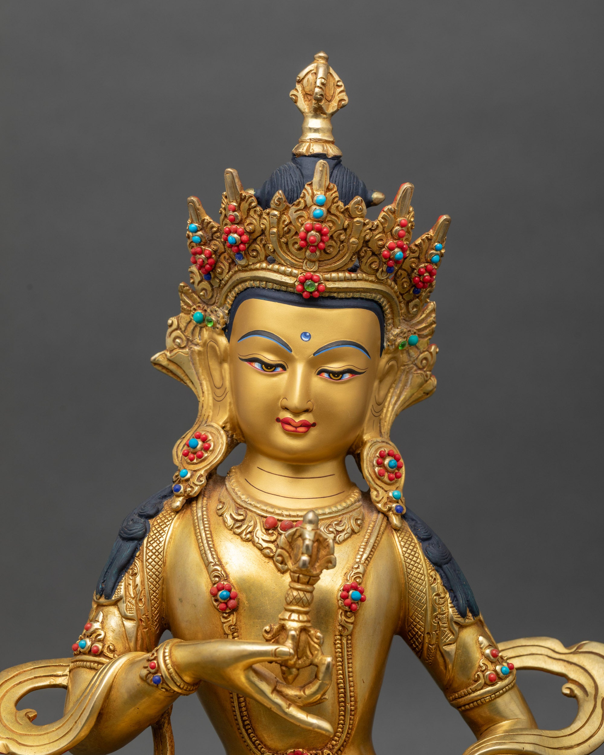 Copper Vajrasattva statue adorned with semi-precious stones, Buddhist art
