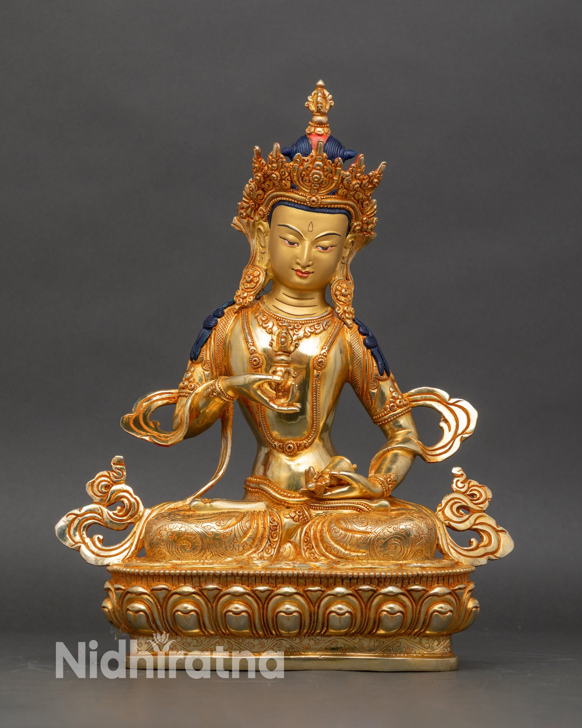Copper Vajrasattva statue with gold fire-gilding and 24K gold-painted face for meditation
