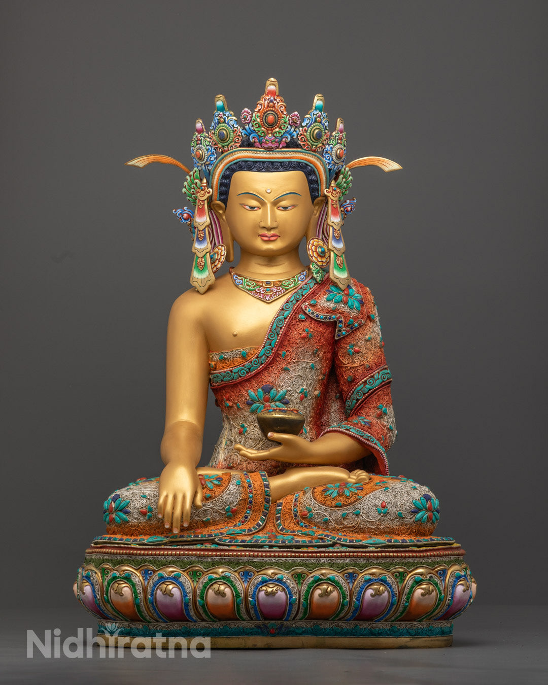 Crowned Shakyamuni Buddha Statue | Gold-Gilded Buddhist Figure