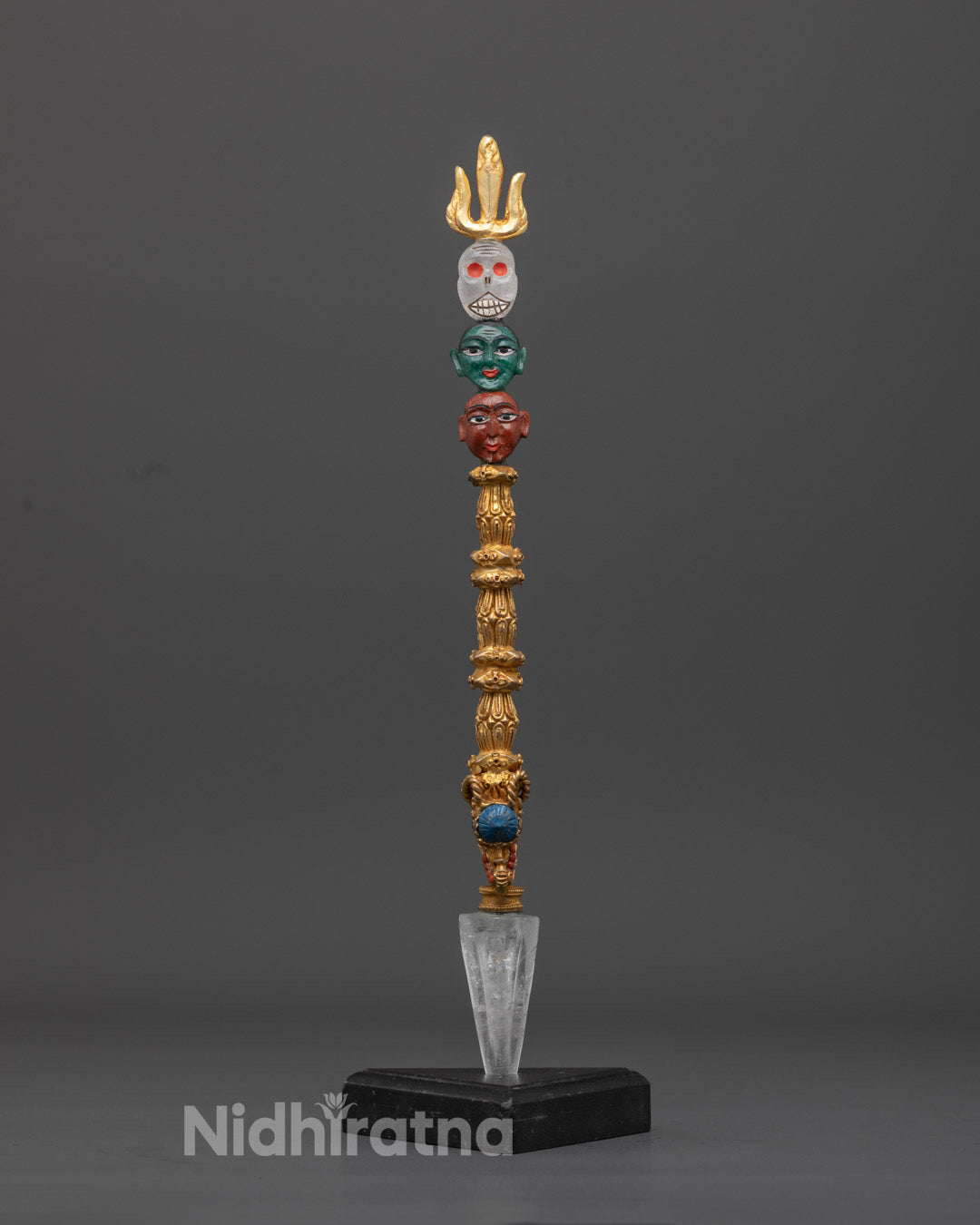 Front view of Handcrafted Crystal Phurba with gold gilding and vibrant acrylic colors