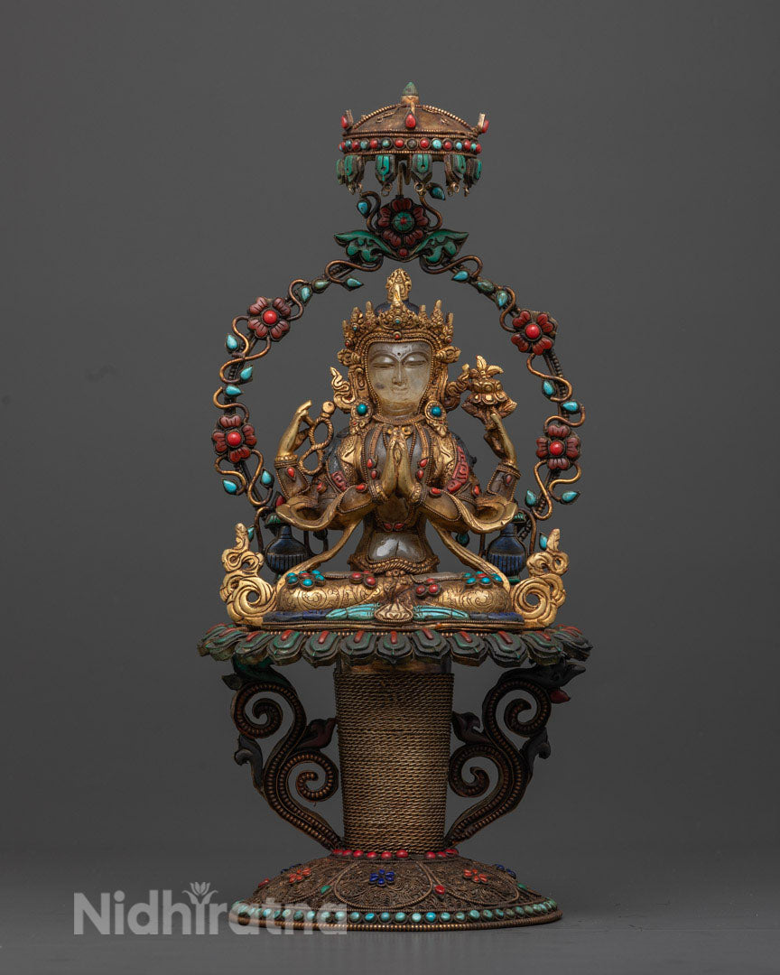 Crystal Made Body of Chenrezig Statue | Adorned with Semi-Precious Stones in Lotus Seated |