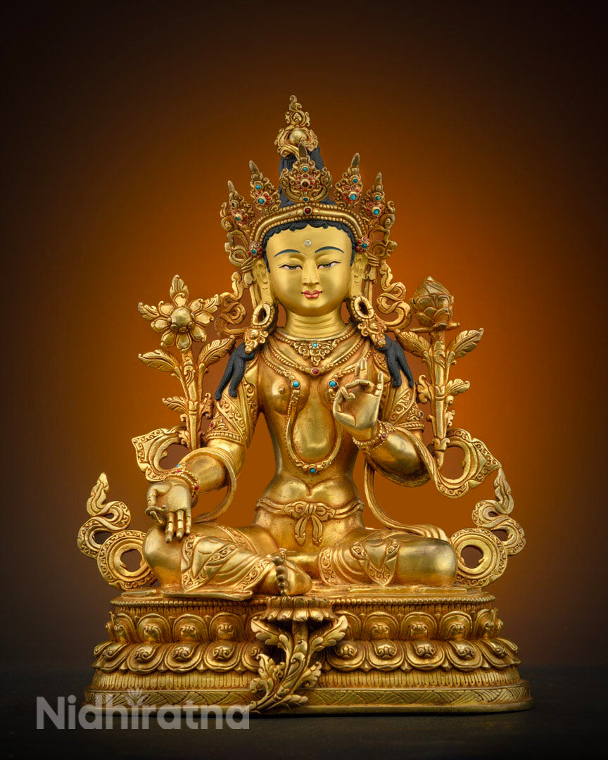 Green Tara Mother of Buddha Statue | 24K Gold Hand Carved Statue
