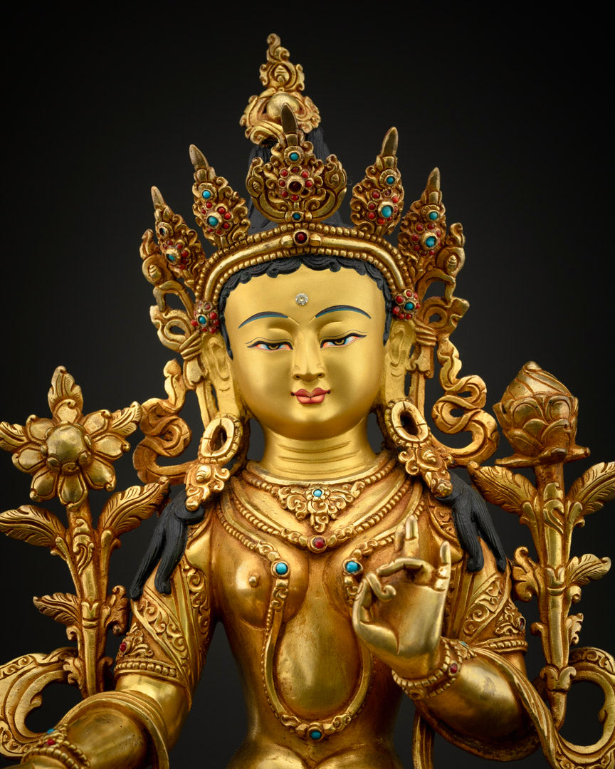 Green Tara Mother of Buddha Statue | 24K Gold Hand Carved Statue