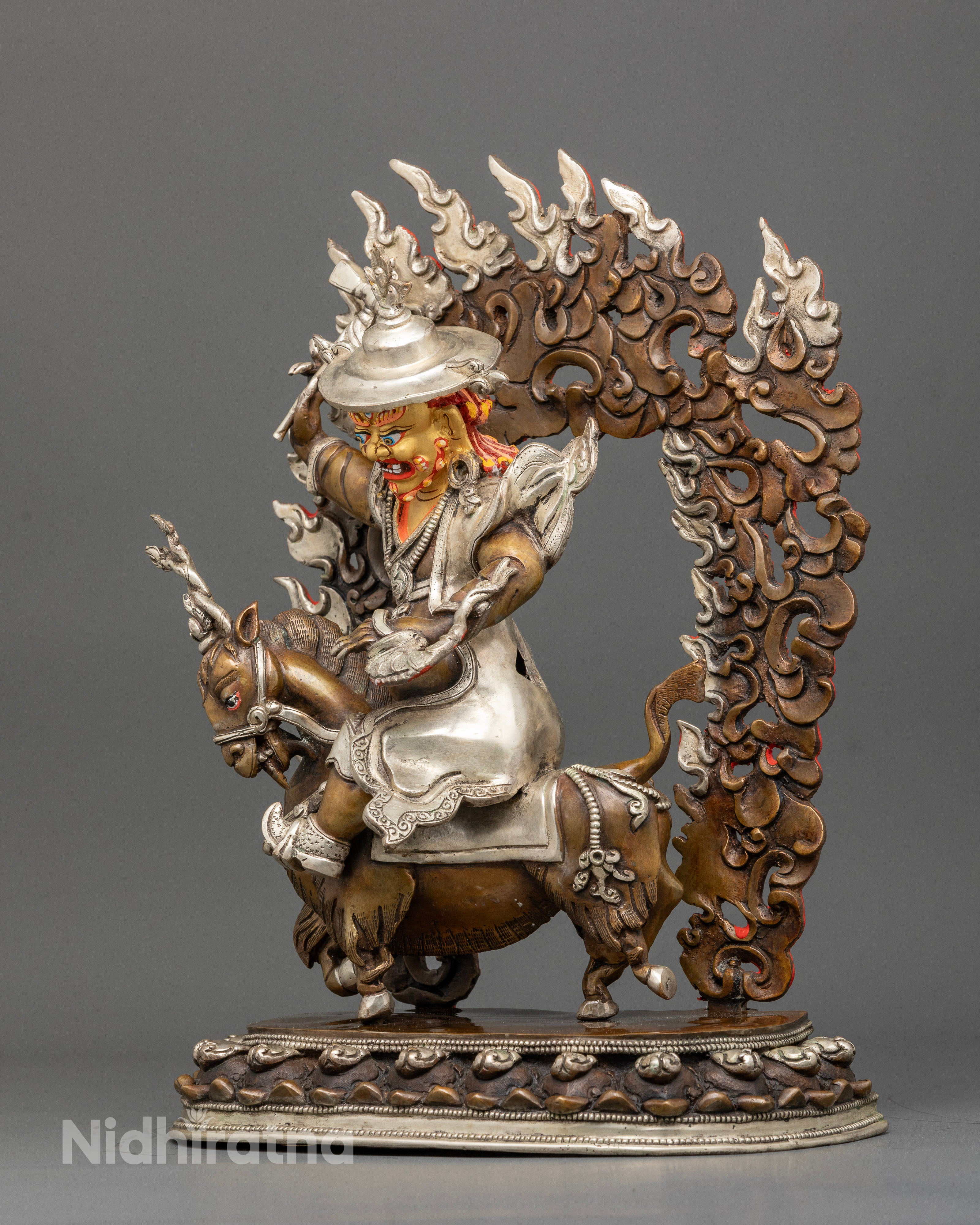 Damchen Garwa Nagpo statue left side view Himalayan protector deity sculpture silver plated finish
