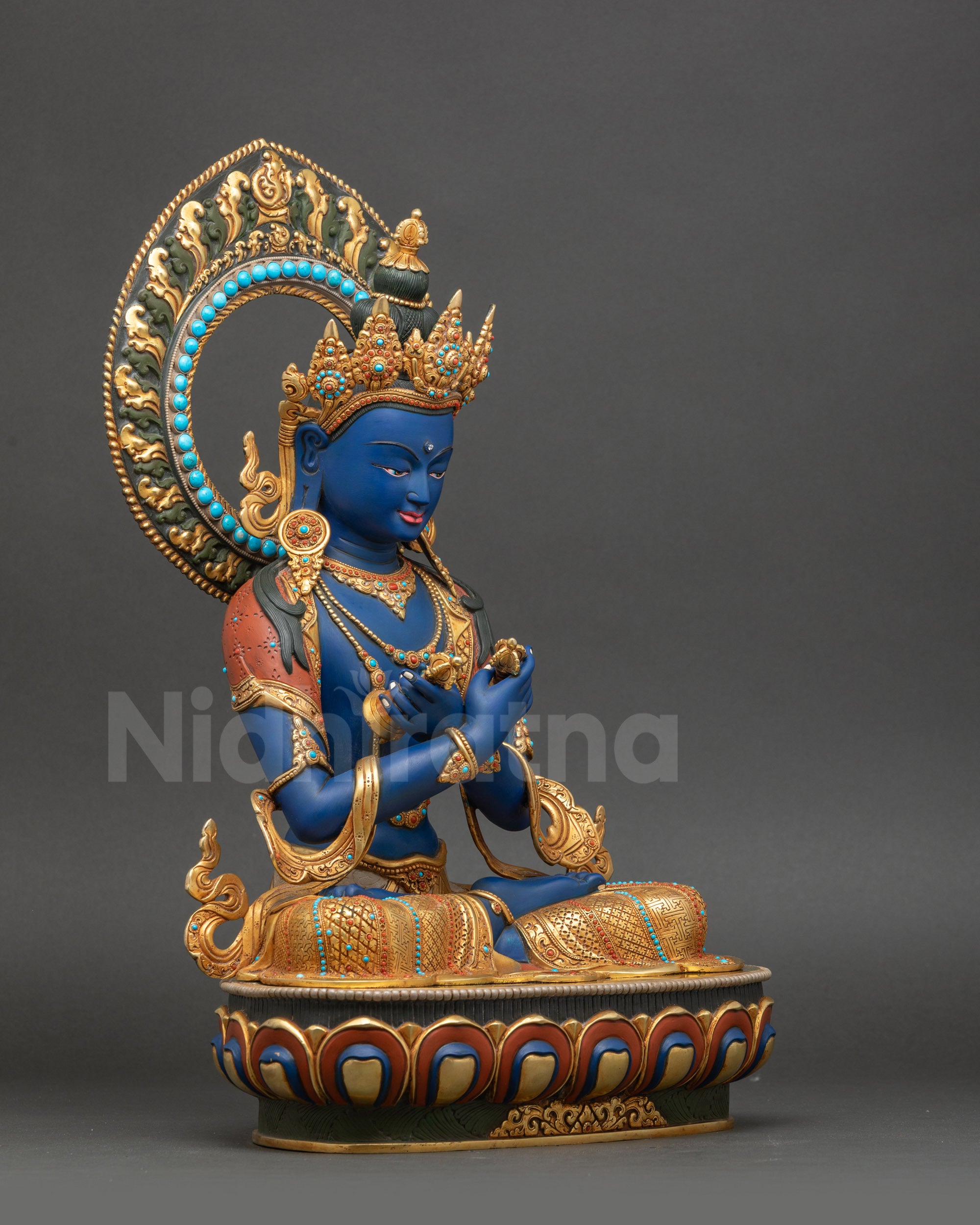 Dark Blue Vajradhara Statue right side view showing Gold-Gilded floating robe and crown