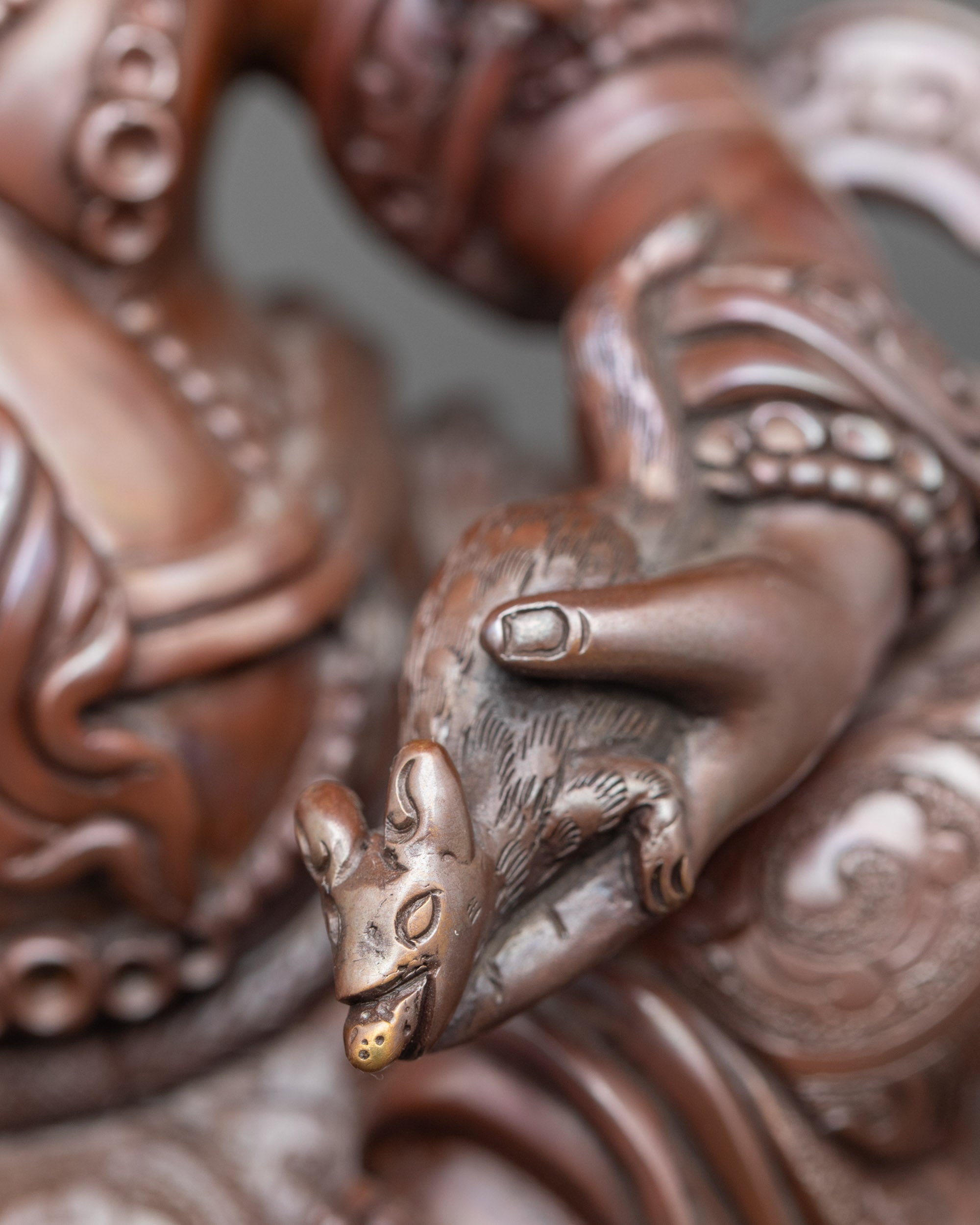 Detail of White Dzambhala holding symbolic mongoose, representing wealth and prosperity