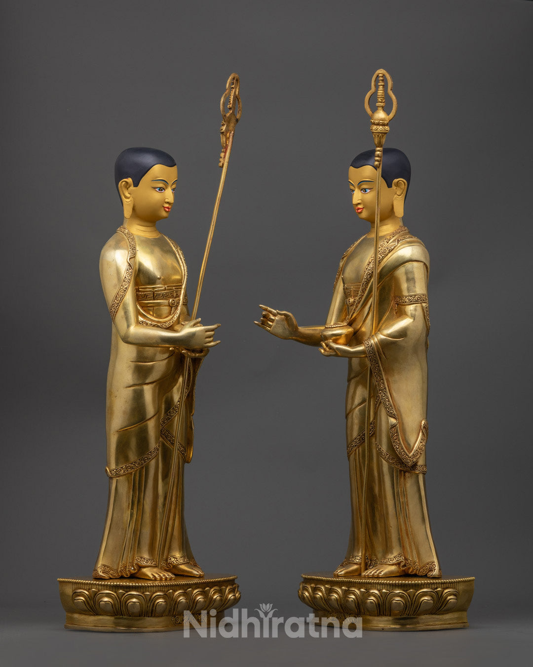 Detailed Maudgalyayana statue adorned with hollow base for inserting sacred mantras, featuring traditional Nepalese craftsmanship.