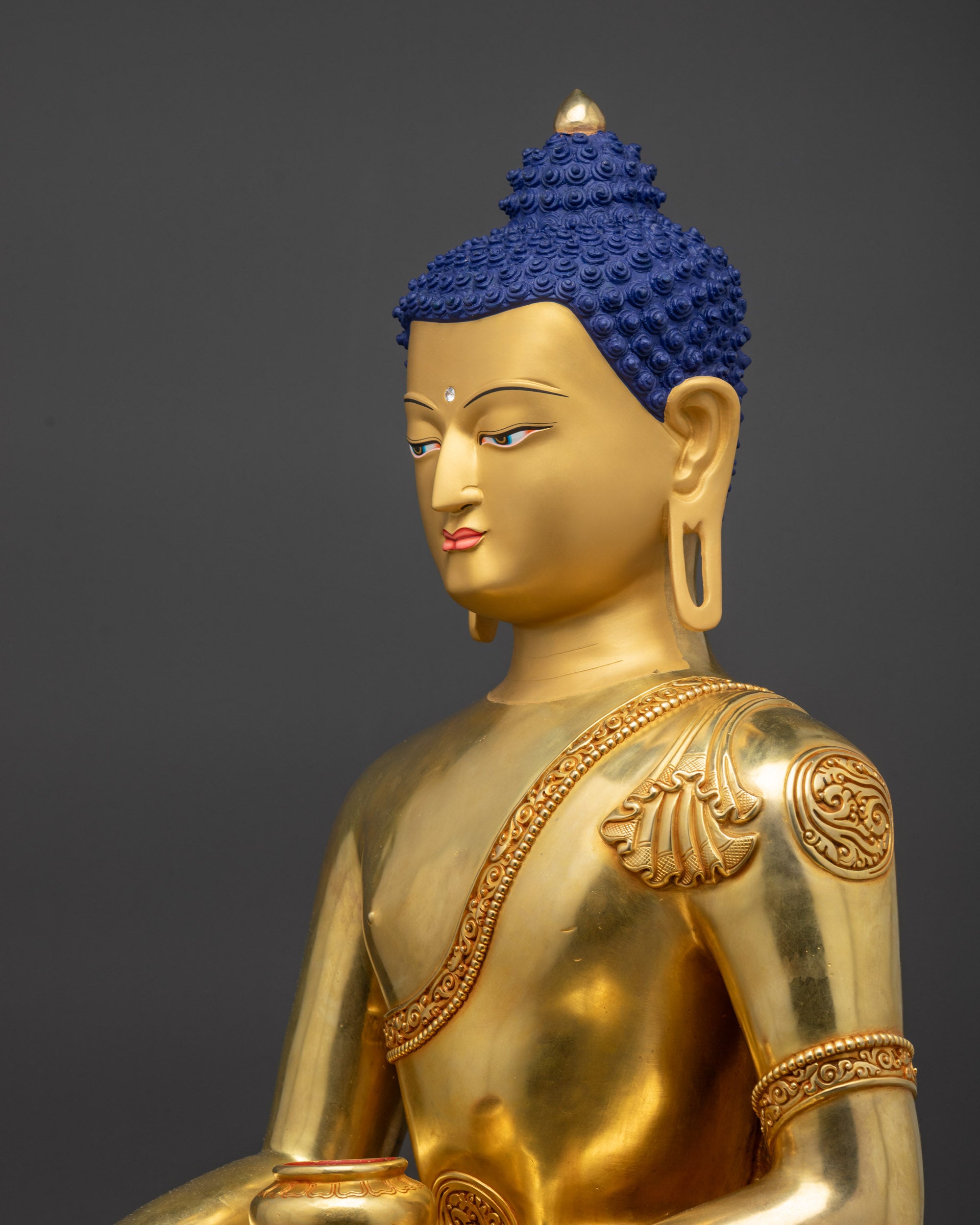 Detailed Side view of Shakyamuni Buddha sculpture highlighting intricate robe craftsmanship