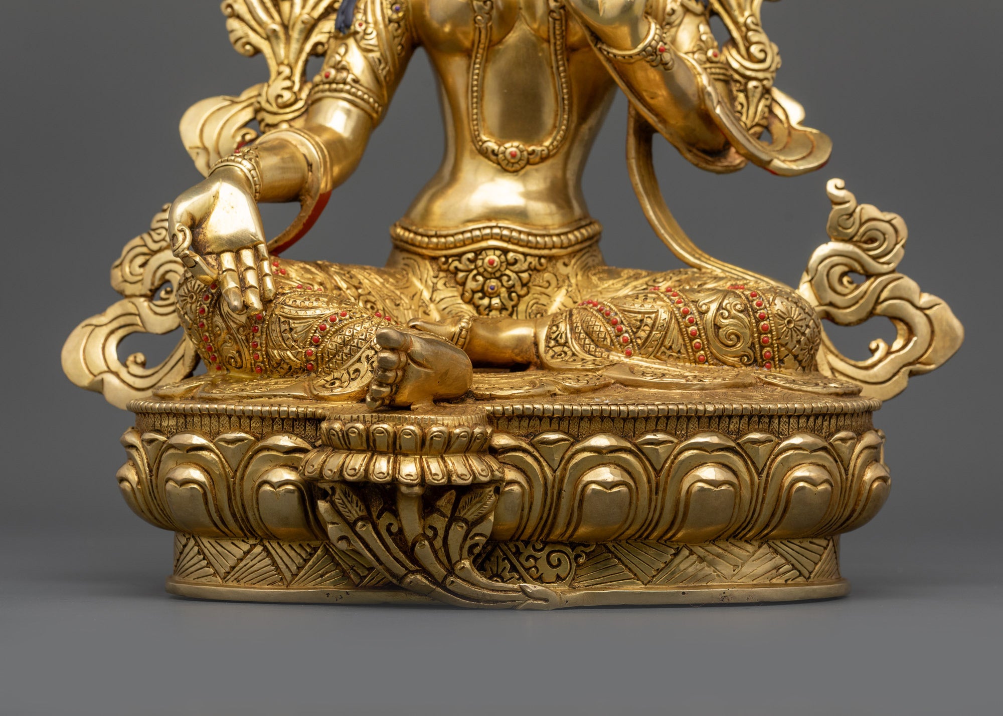 Detailed View of Green Tara Statue Showing Varada and Vitarka Mudras with Flowing Robe and Ornaments