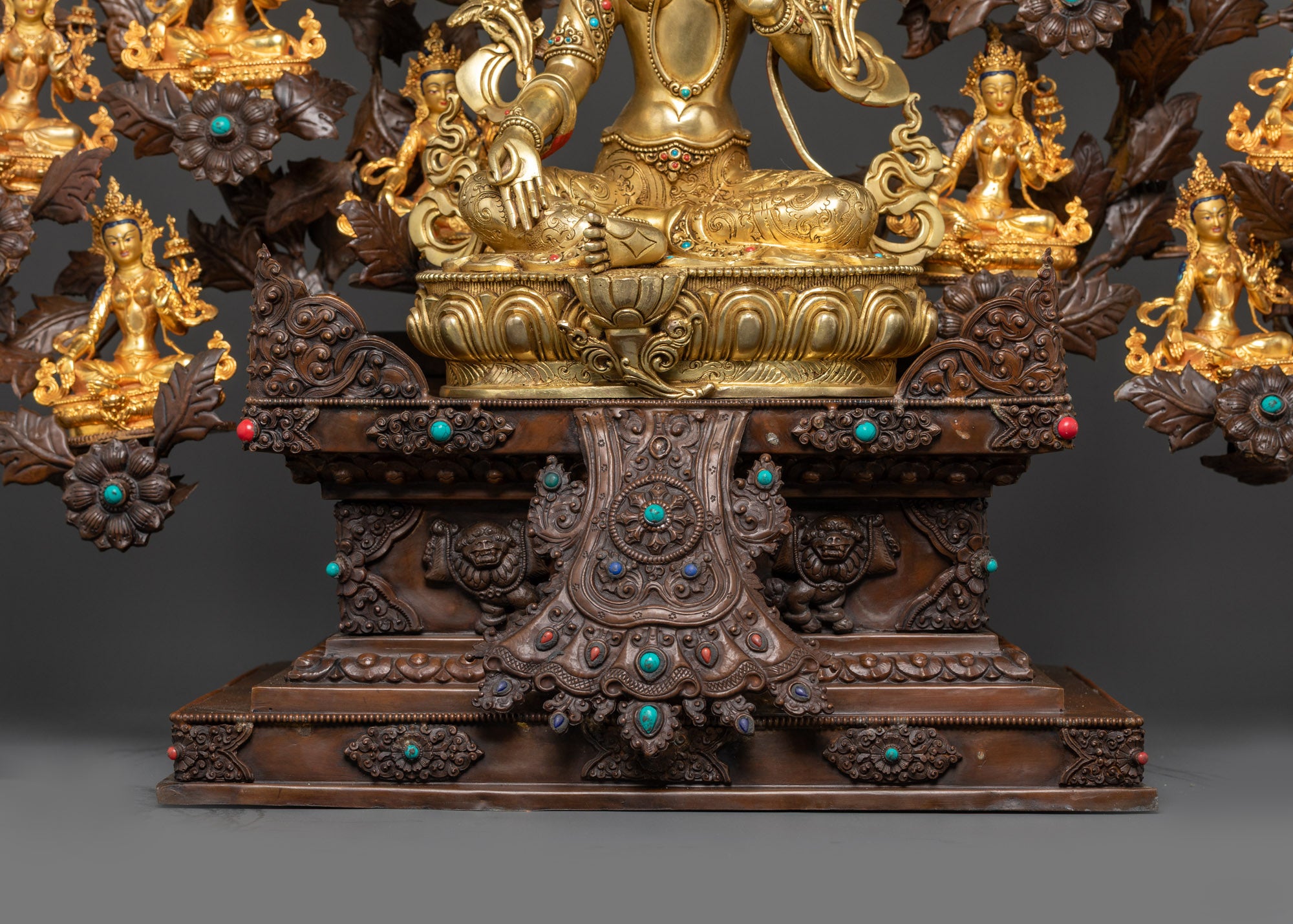 Detailed carvings 21 Tara manifestations unique mudras on oxidized copper branches Nepalese craftsmanship