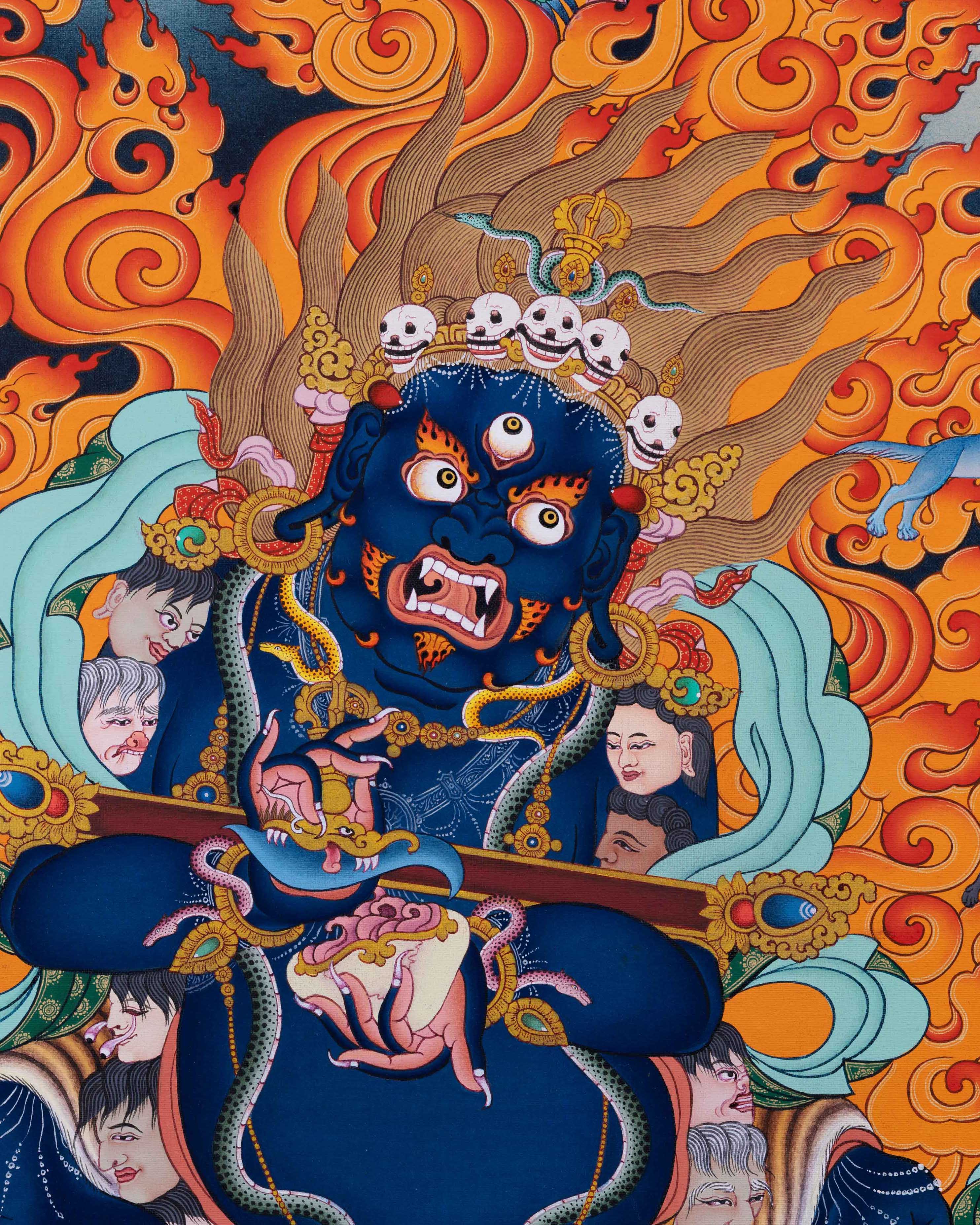 Detailed close-up of Sakya Mahakala Thangka print featuring wrathful guardian