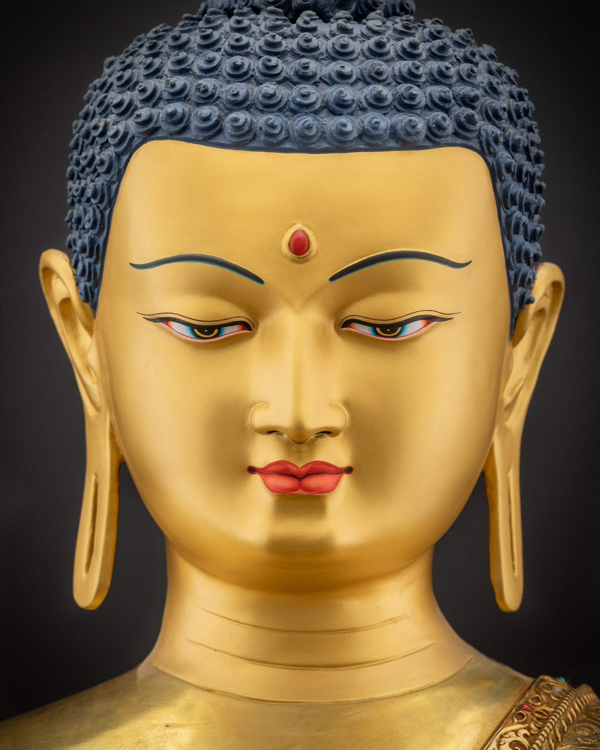 Detailed close up face Amitabha Buddha serene meditation expression