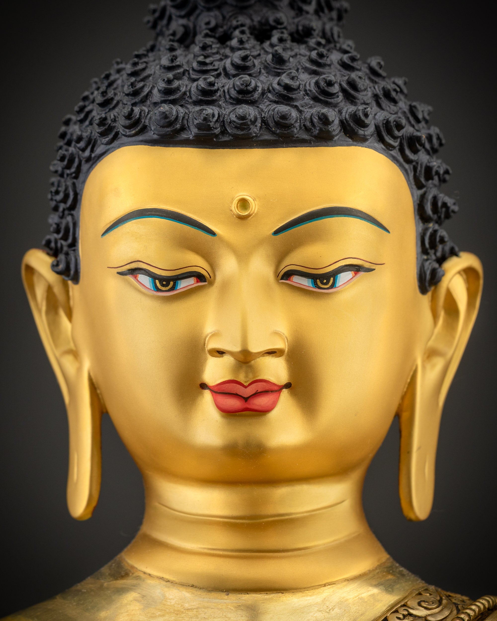 Detailed close up face of Amitabha Buddha, peaceful gold-gilded expression with halo
