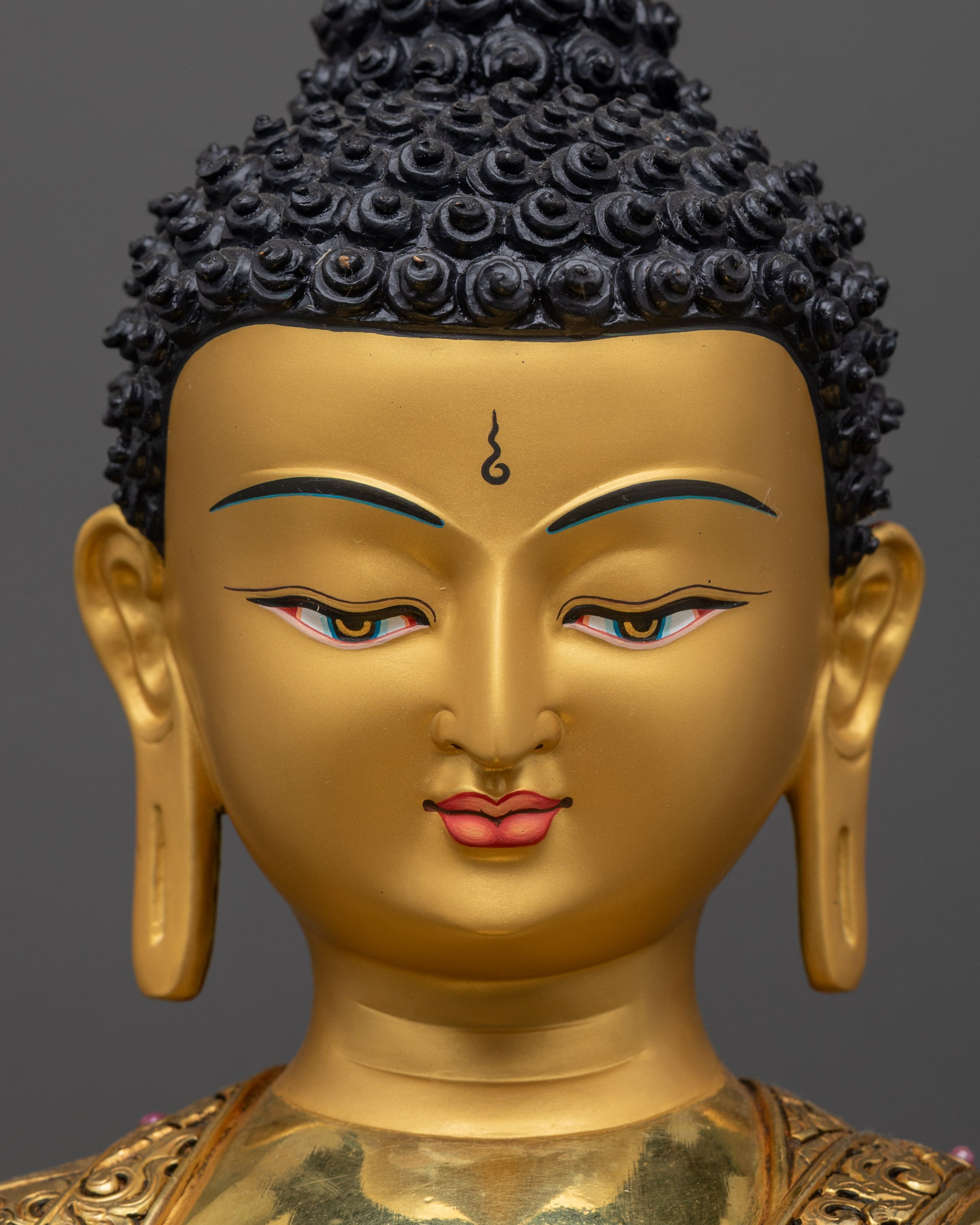 Detailed close up face of Amitabha Buddha with radiant halo and calm meditative expression