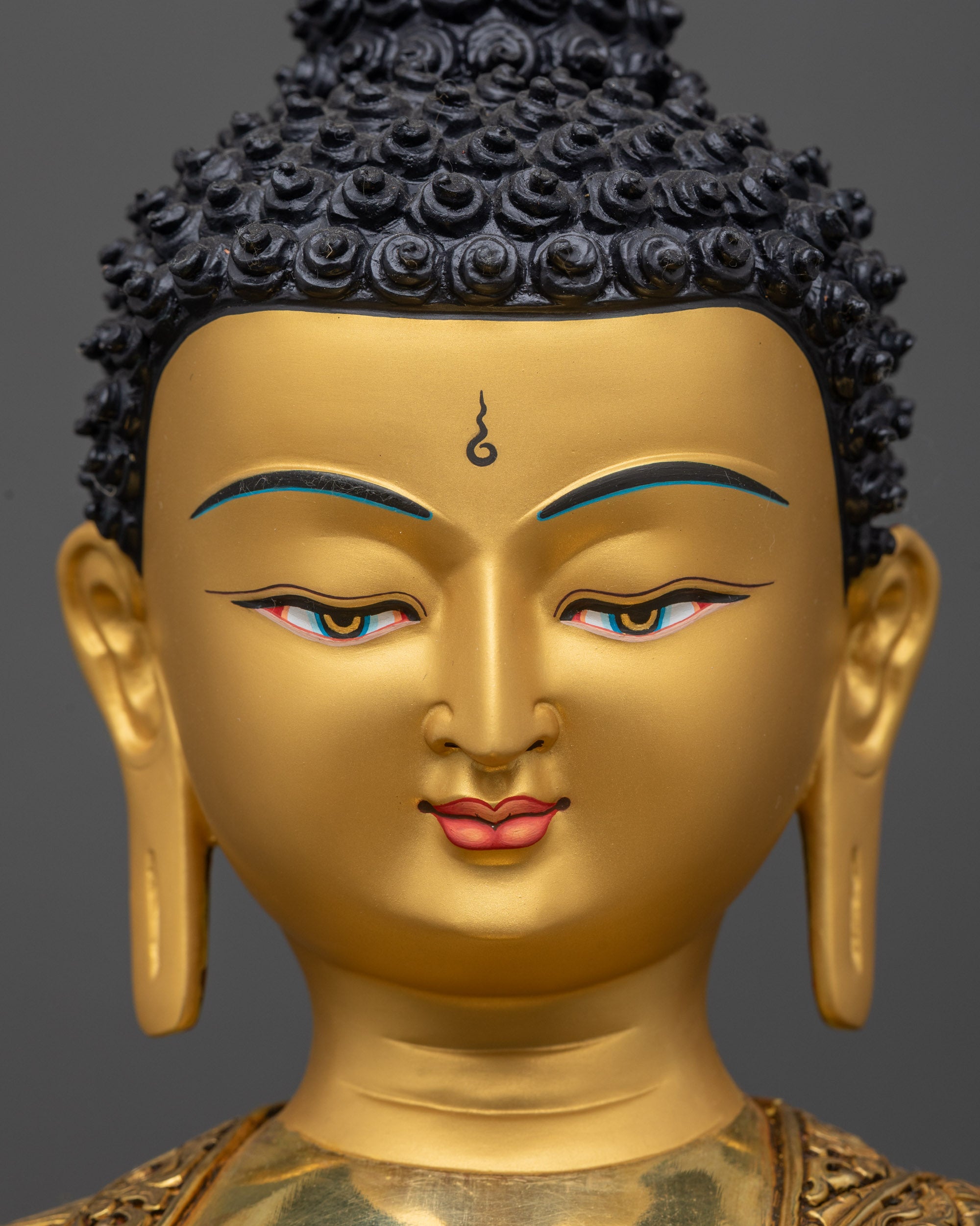 Detailed close up face of Shakyamuni Buddha with radiant gold halo and calm expression