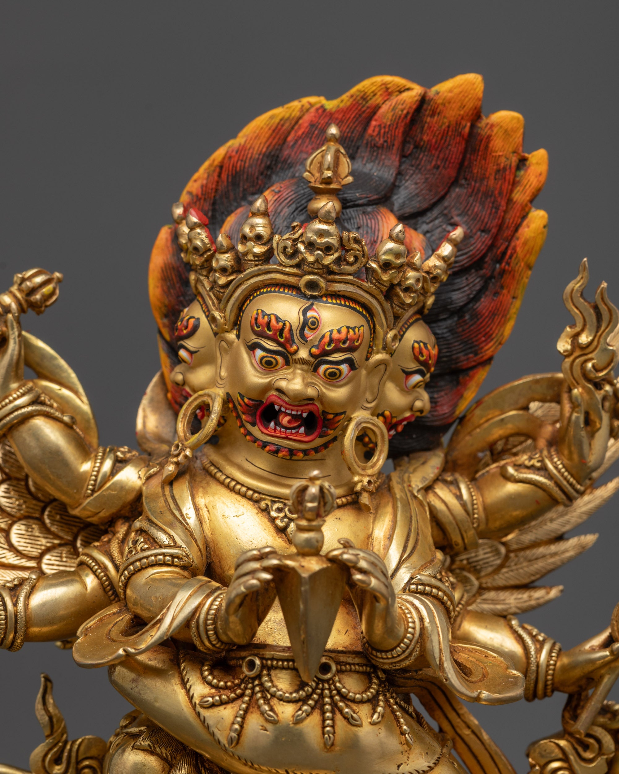 Detailed close up face of Vajrakilaya with sacred Phurba and blazing halo detail