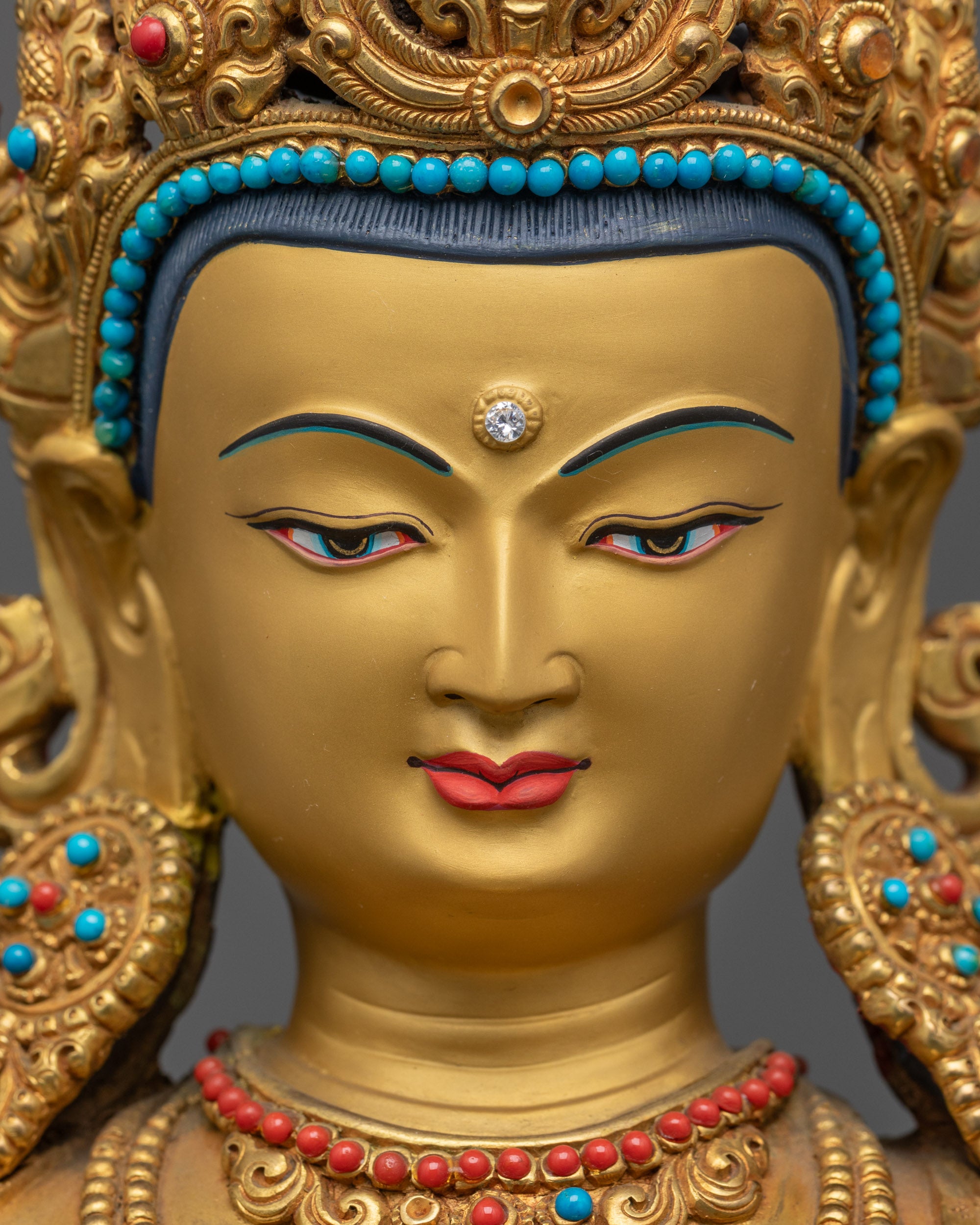Detailed close up of Amitayus face with serene expression and floral halo