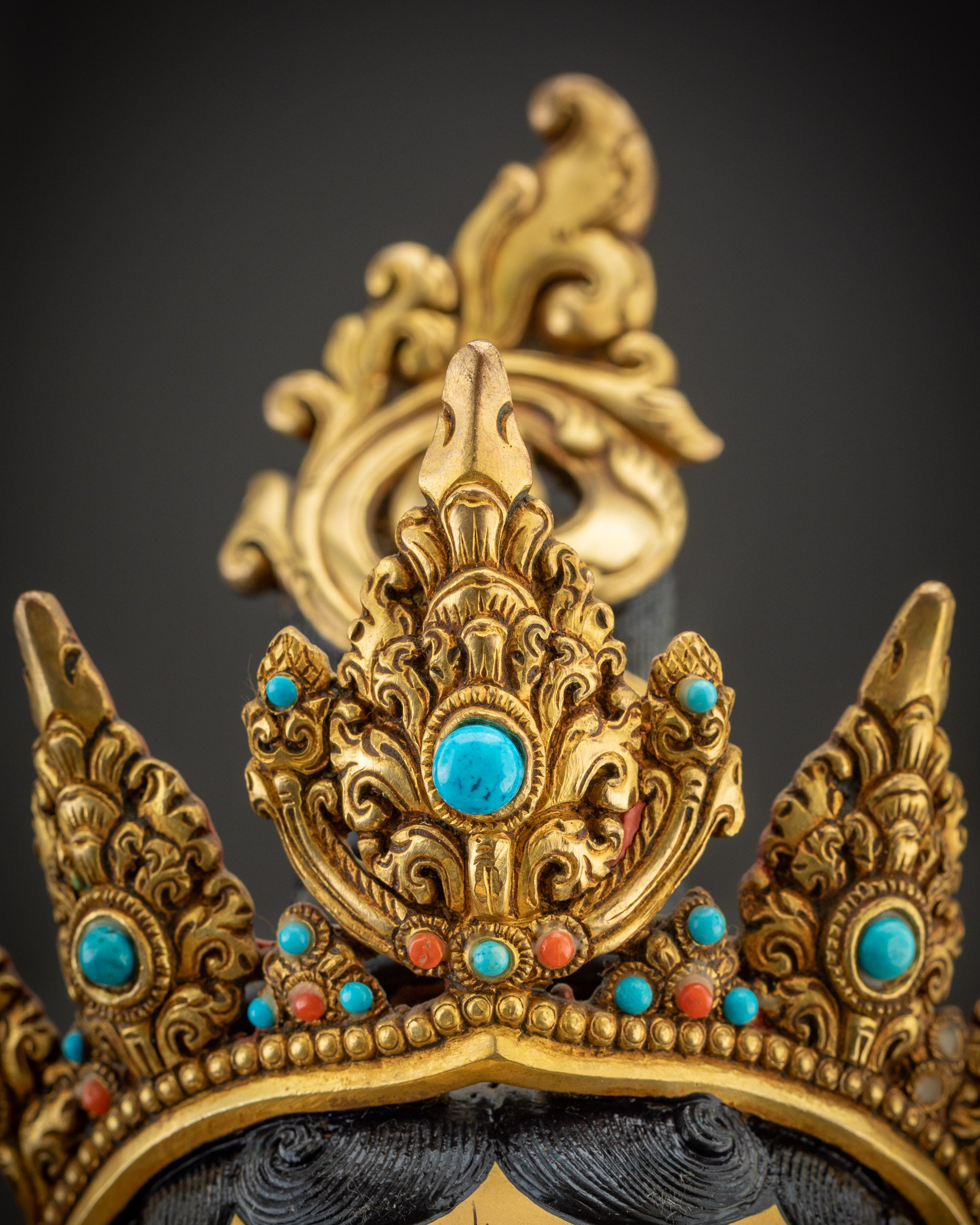 Detailed crown close up White Tara five-jeweled crown gold gilded intricate carving