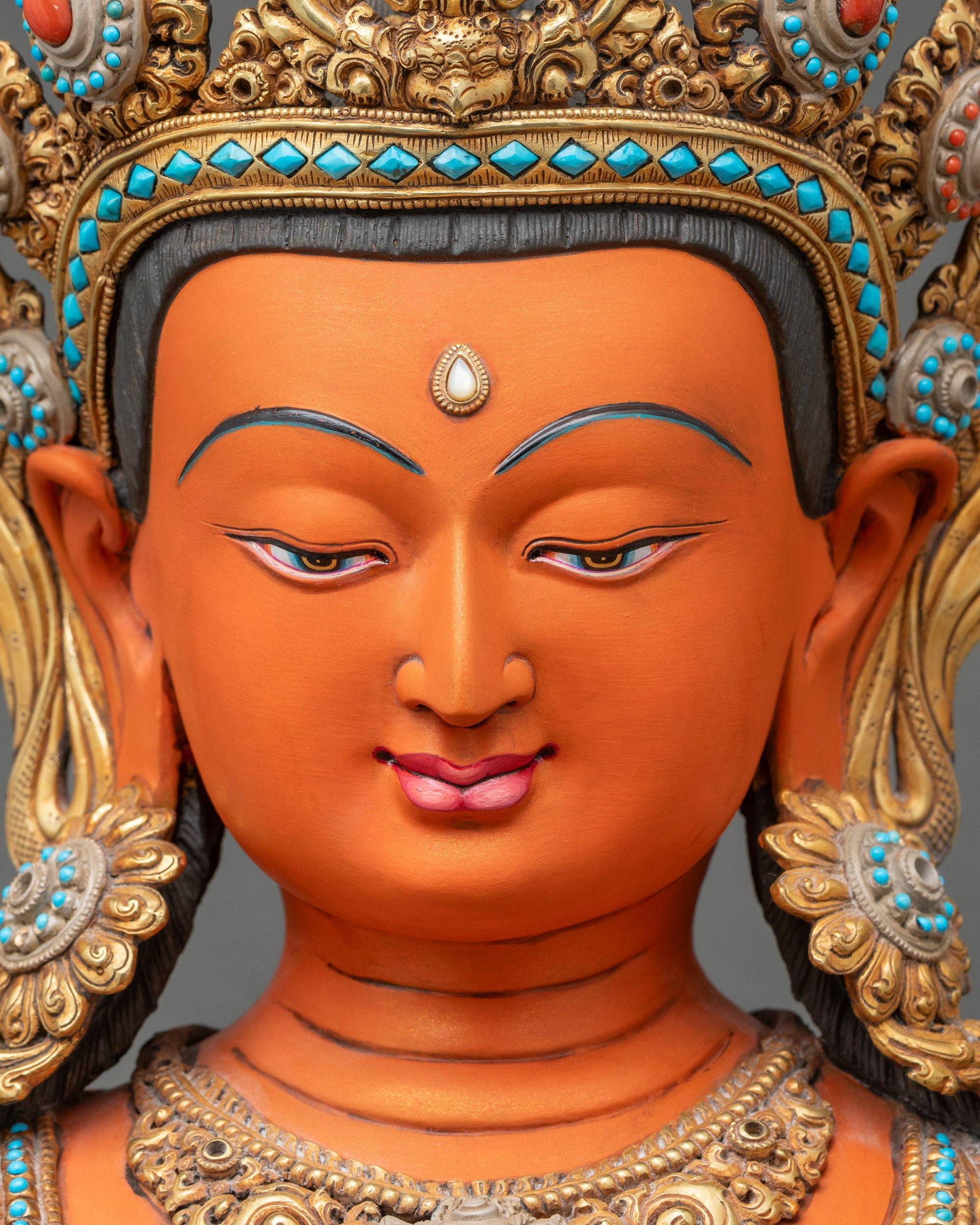 Detailed face of Manjushri Statue β Serene expression handpainted Bodhisattva sculpture Nepal