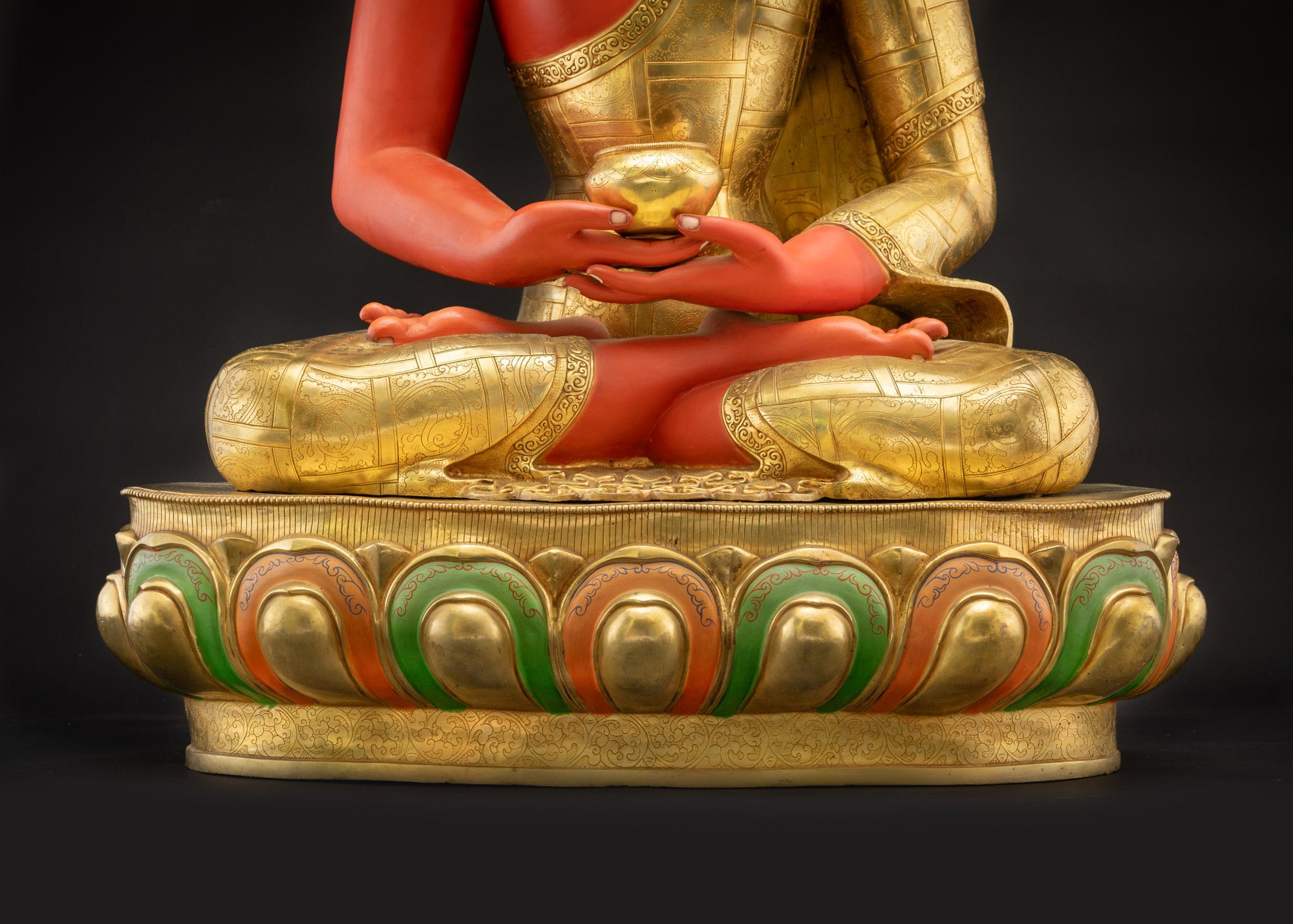 Detailed landscape shot front of Amitabha Buddha on lotus seat with serene aura