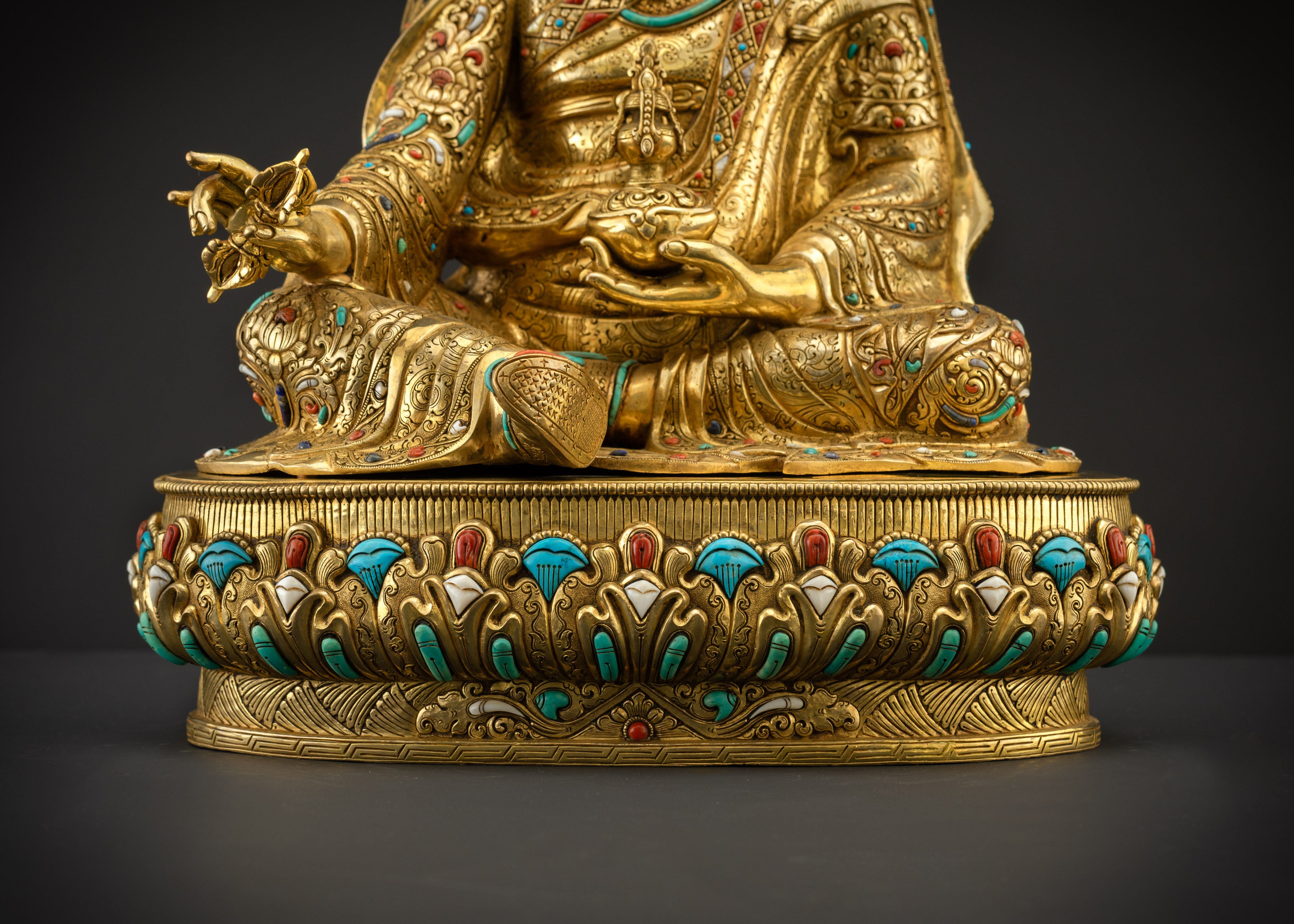 Detailed landscape shot front view of Guru Padmasambhava on lotus seat