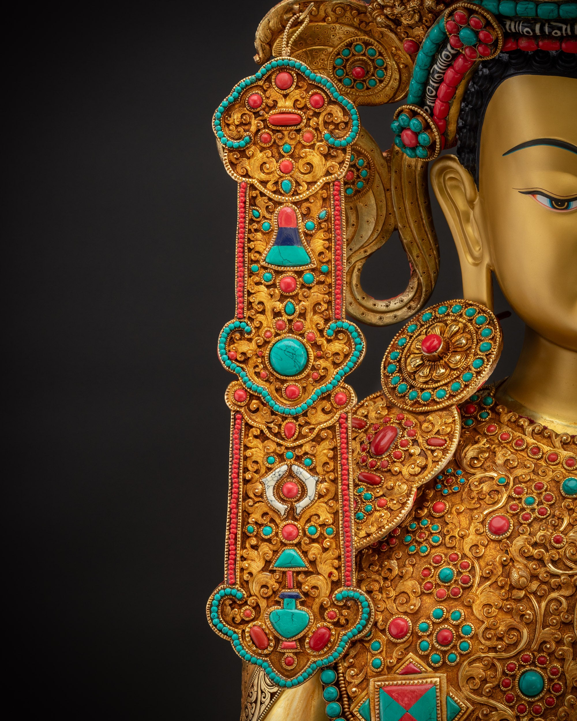 Detailed right side earrings Tibetan Buddhist sacred earrings with gold embellished detail