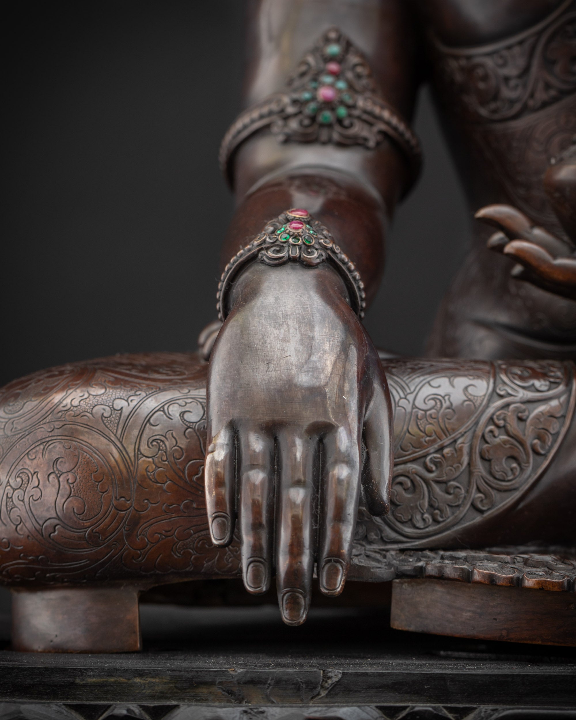 Detailed shot Earth-touching mudra Buddha Shakyamuni, enlightenment symbolism
