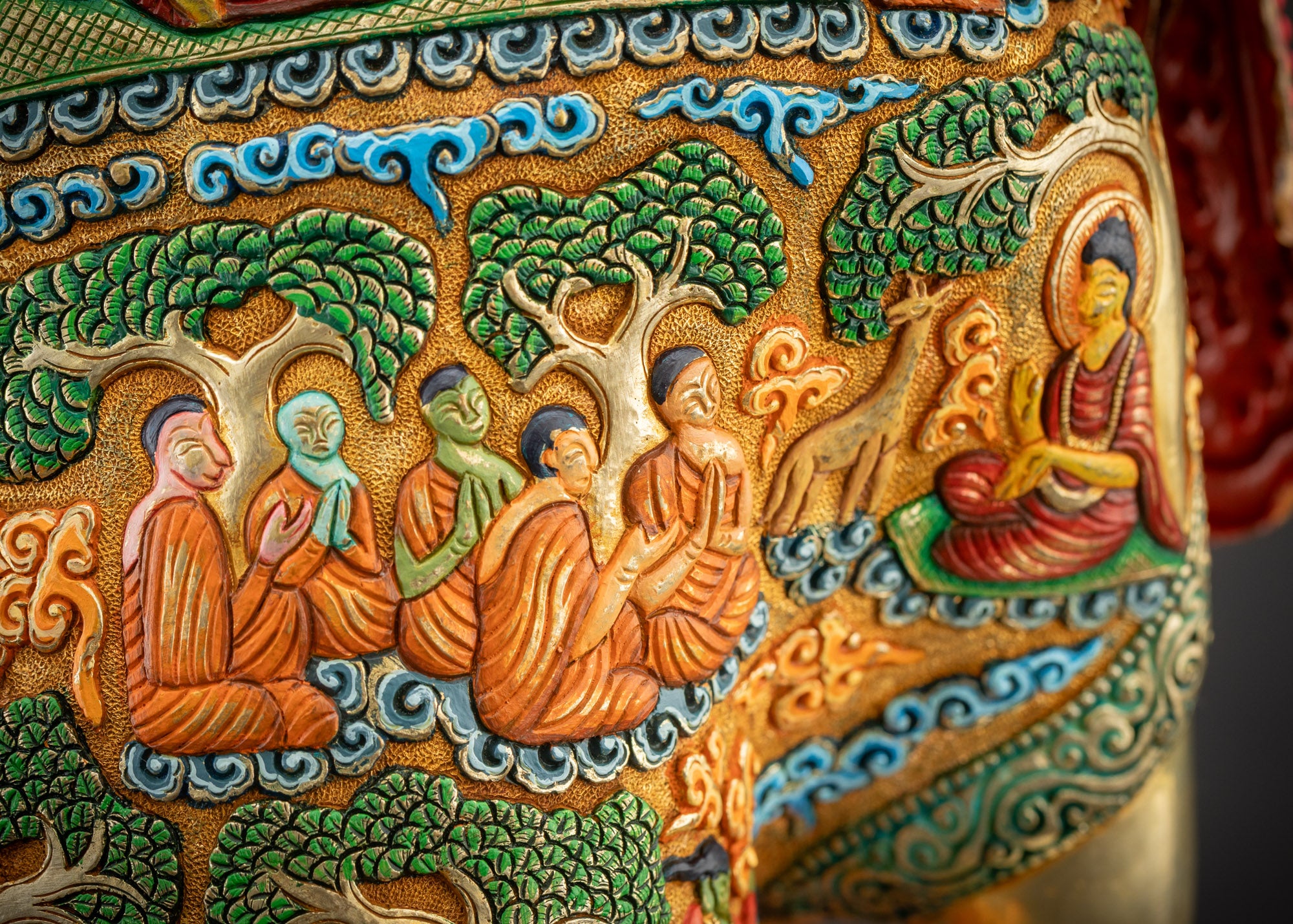 Detailed shot back Jowo Rinpoche Shakyamuni statue with painted historical carvings