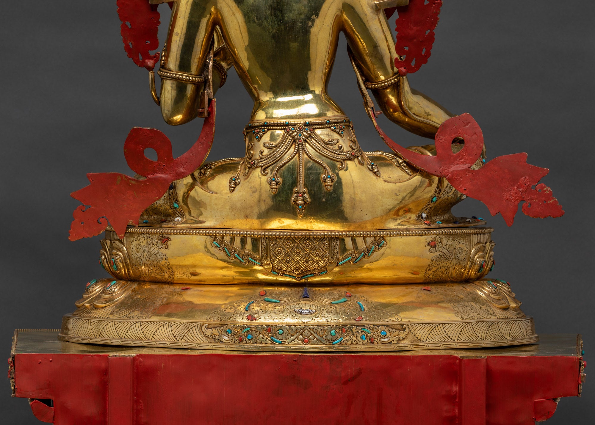 Detailed shot of Back Green Tara Statue seated on double-layered lotus seat