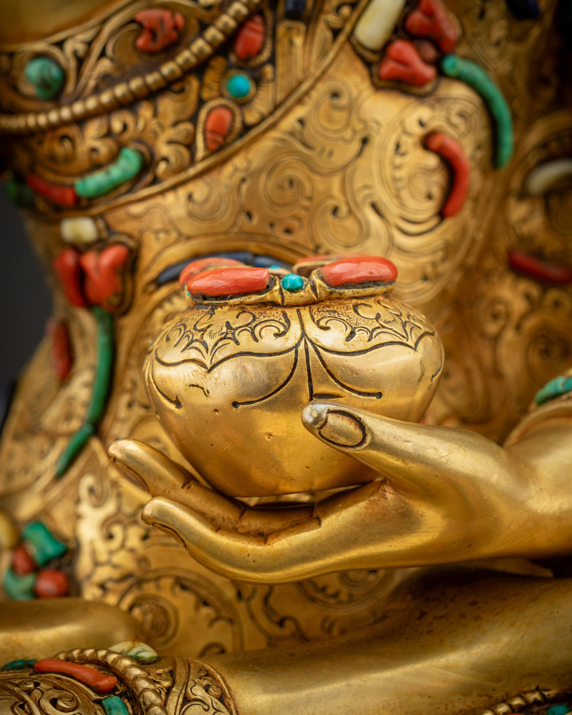 Detailed shot of Patra bowl in Dhyana Mudra representing meditation and mindfulness