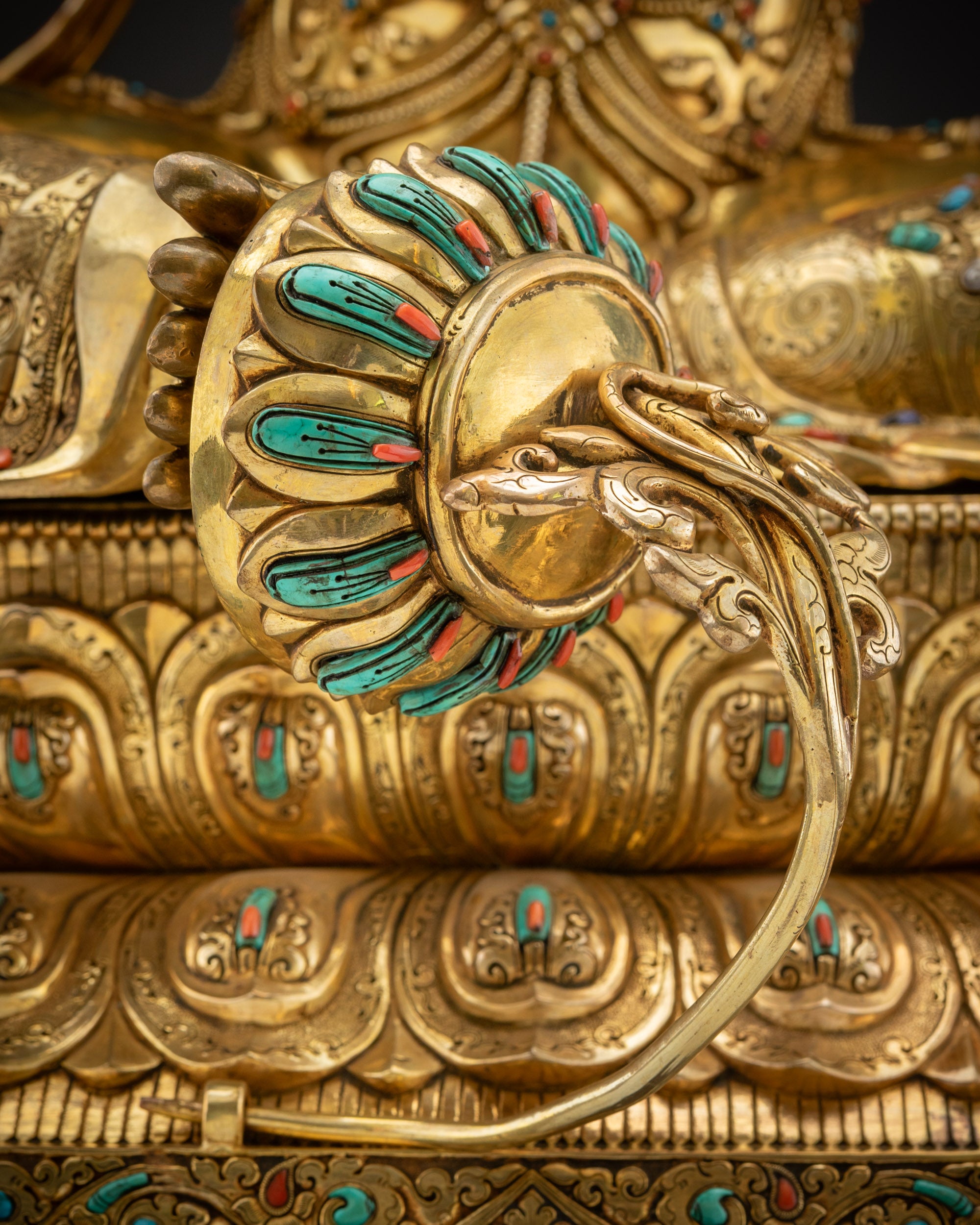 Detailed shot of blooming lotus Green Tara statue blooming lotus flowers symbolize awakening