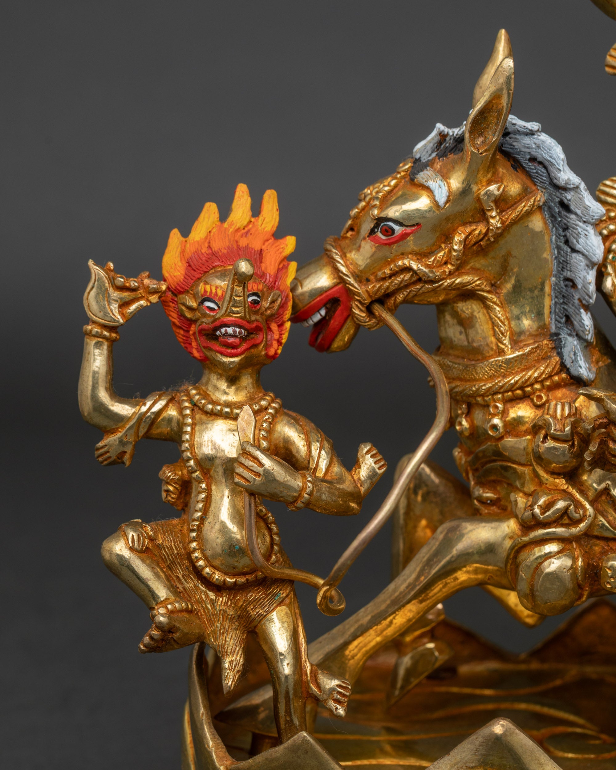 Detailed side close-up of Palden Lhamo, showcasing fiery halo and intricate sculpture details