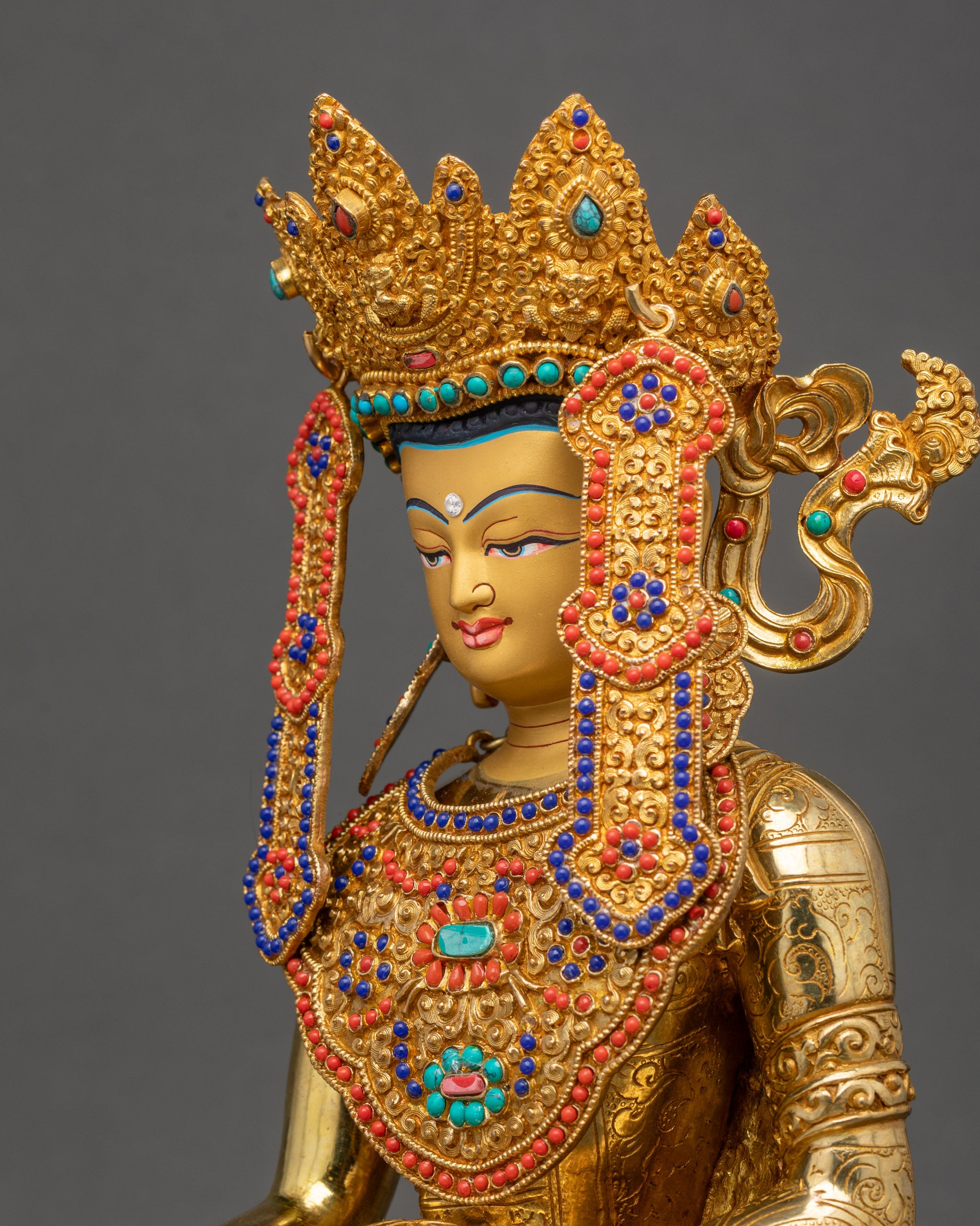 Detailed side close up Jowo Rinpoche Statue highlighting lotus pedestal and robe carvings