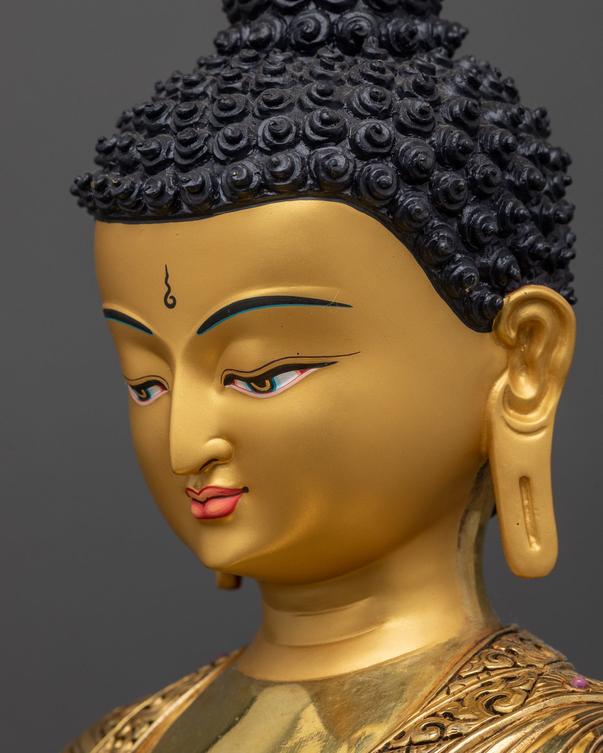 Detailed side close up face of Amitabha Buddha highlighting serene expression and halo