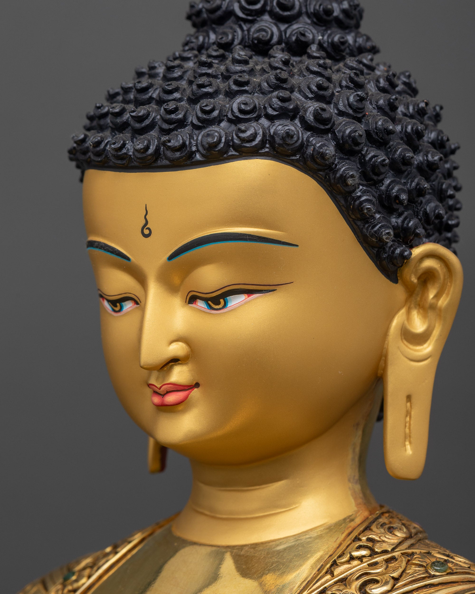 Detailed side close up face of Shakyamuni Buddha highlighting serene expression and halo