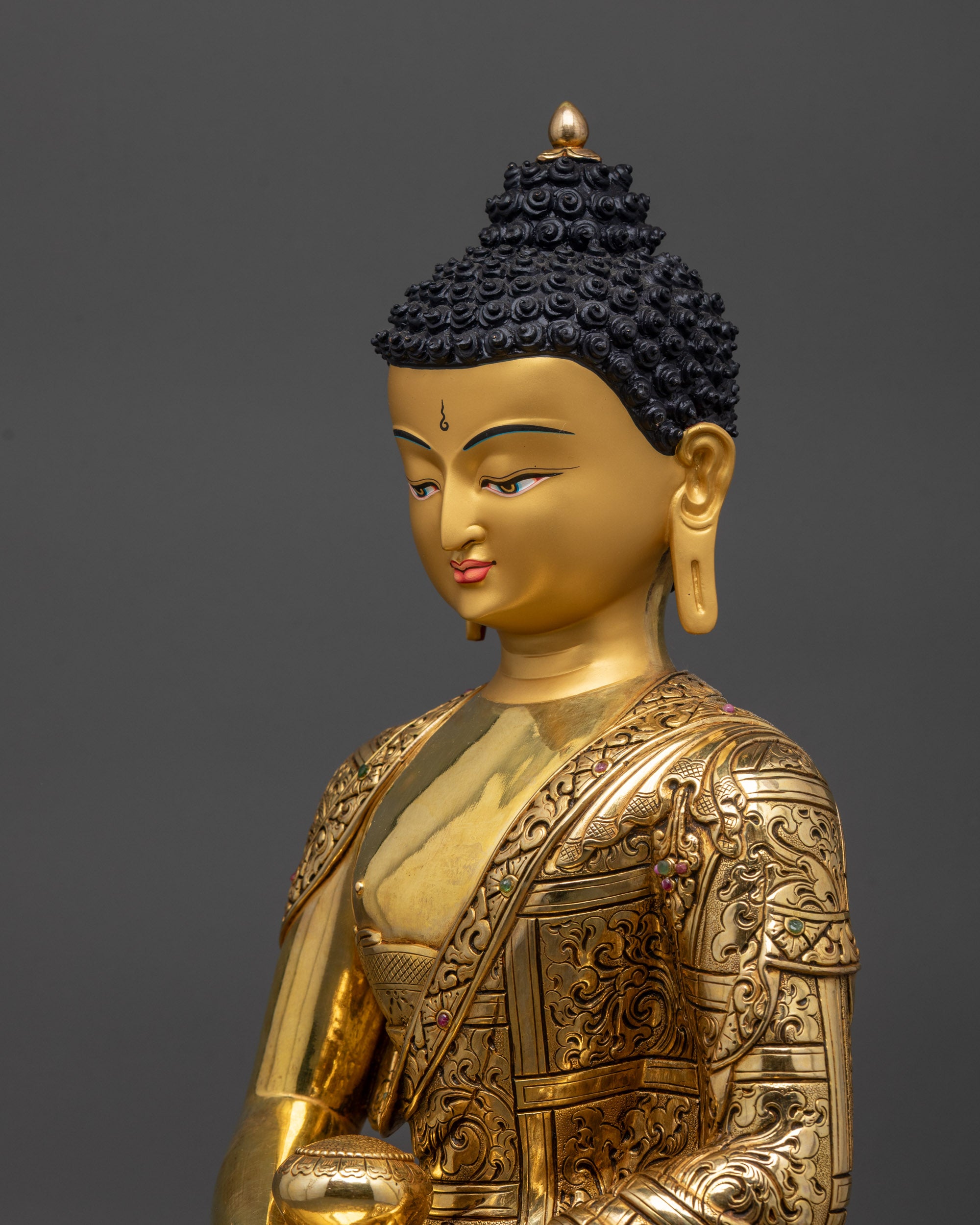 Detailed side close up of Amitabha Buddha showing flowing lotus robes and halo details