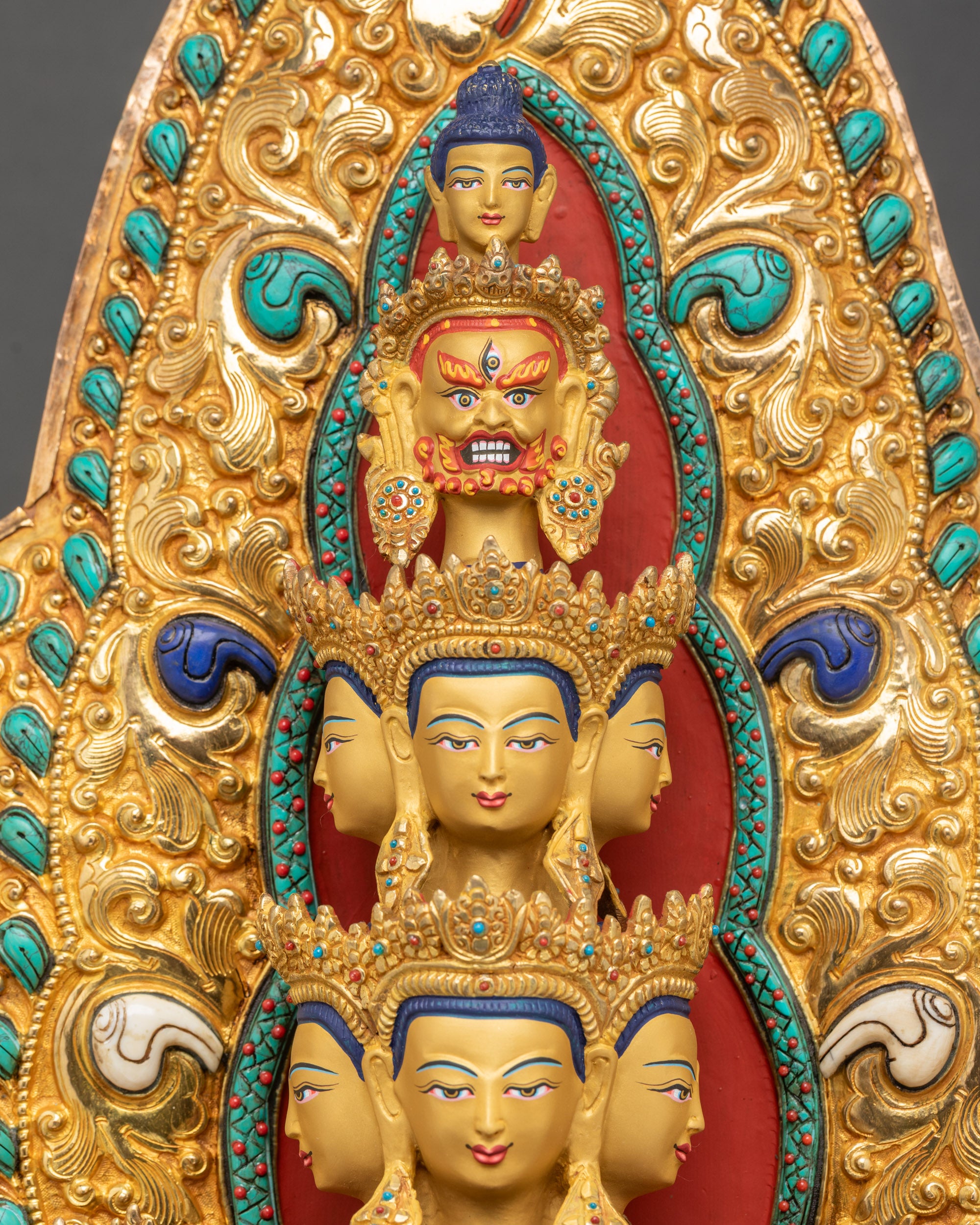 Detailed side close up of Thousand-Arm Chenrezig highlighting carved arms and halo details