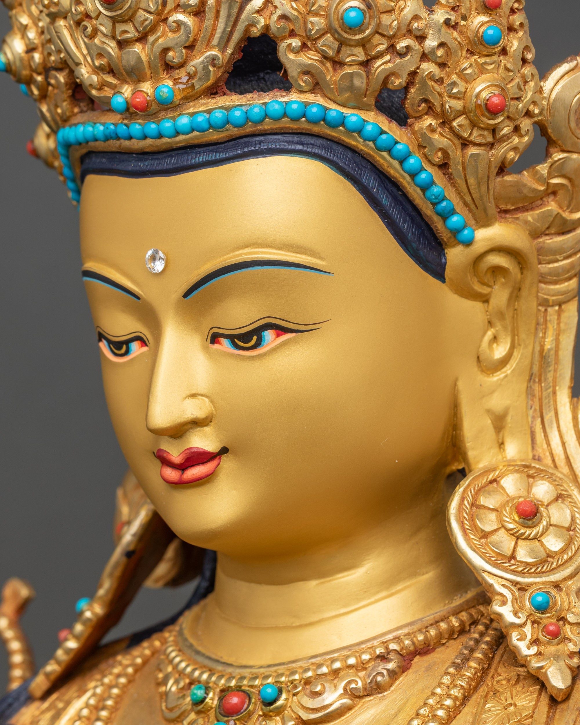 Detailed side face close-up of Four-Armed Chenrezig Bodhisattva in meditation pose