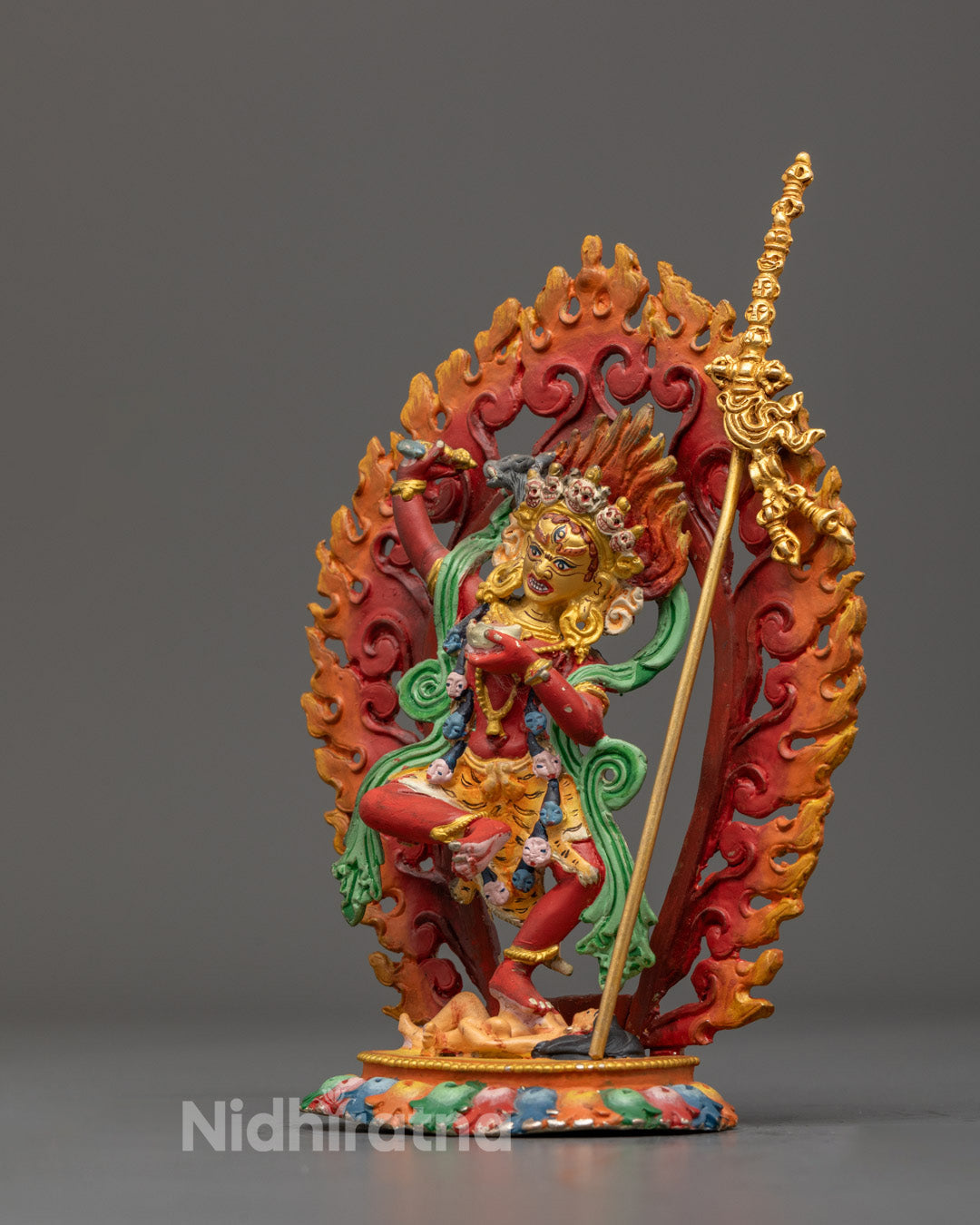 Detailed side profile of Dorje Phagmo handcrafted from premium copper, showcasing dynamic posture and symbolic elements.