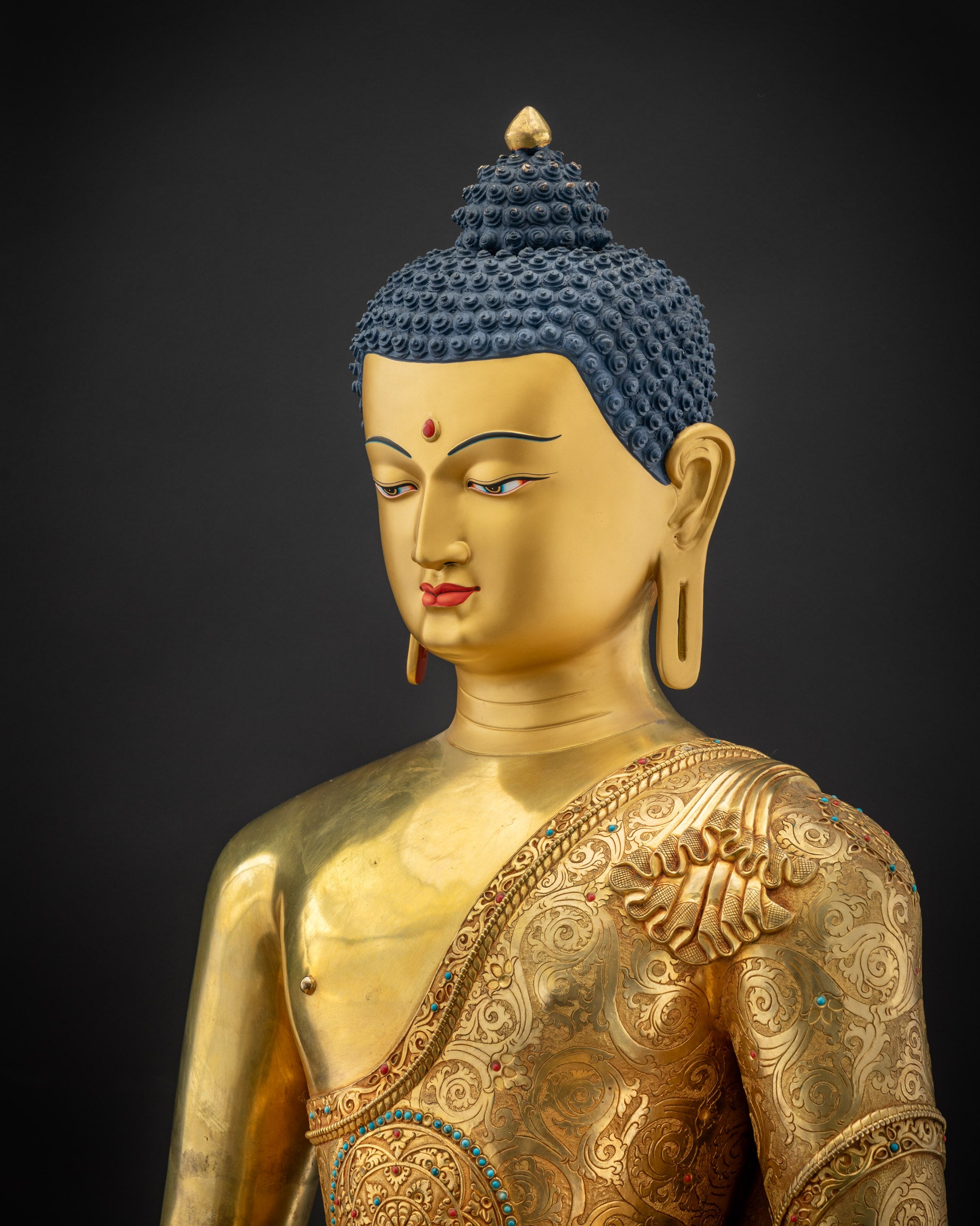 Detailed side view Amitabha Buddha gold-gilded sacred home altar