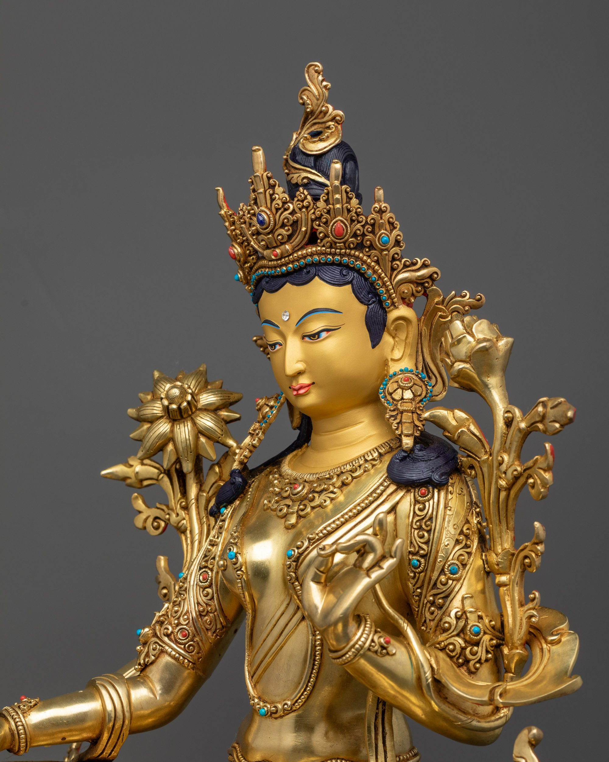 Detailed side view of 17" Green Tara Statue showing semi-precious stone lotus seat