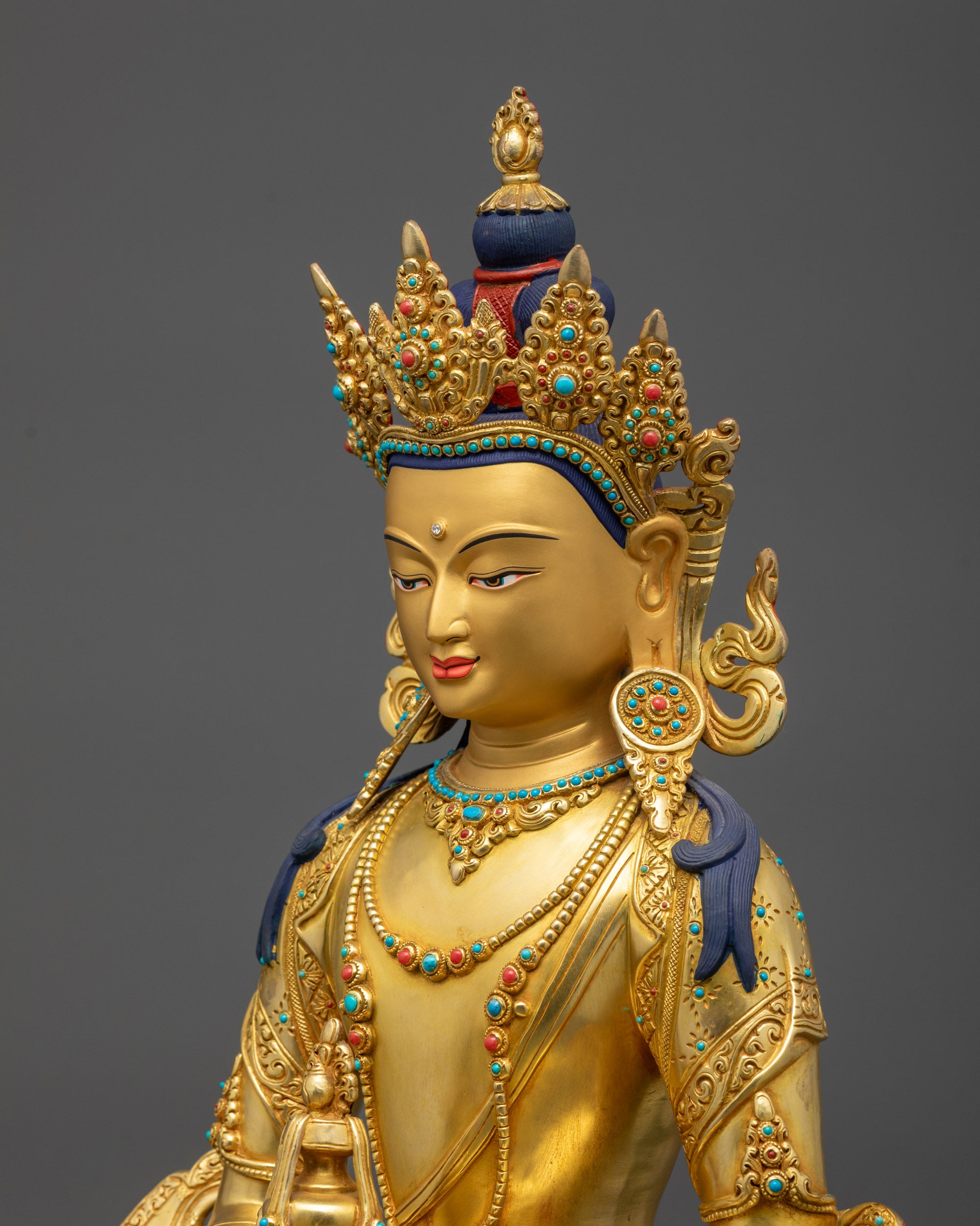 Detailed side view of Amitayus Buddha with lotus pedestal and decorative halo