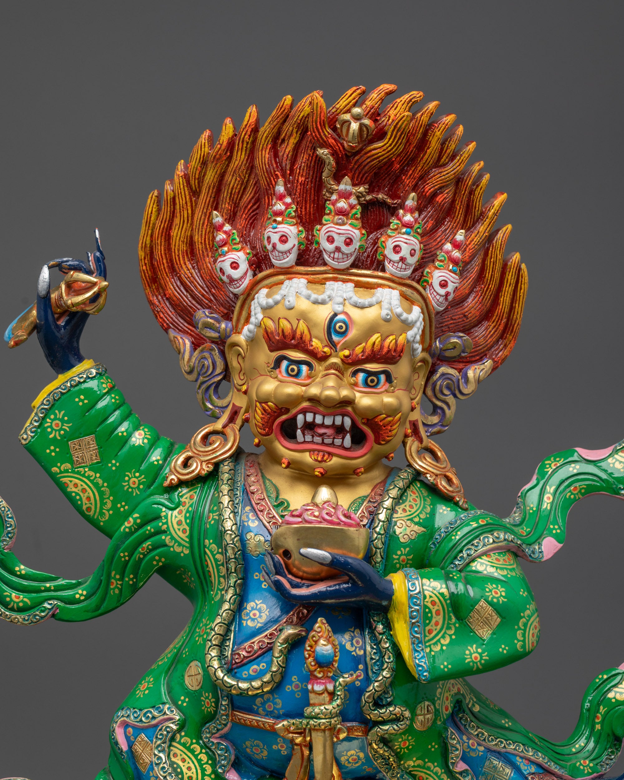 Detailed view Mahakala Bernagchen Statue with jewelry and robe carvings Nepal