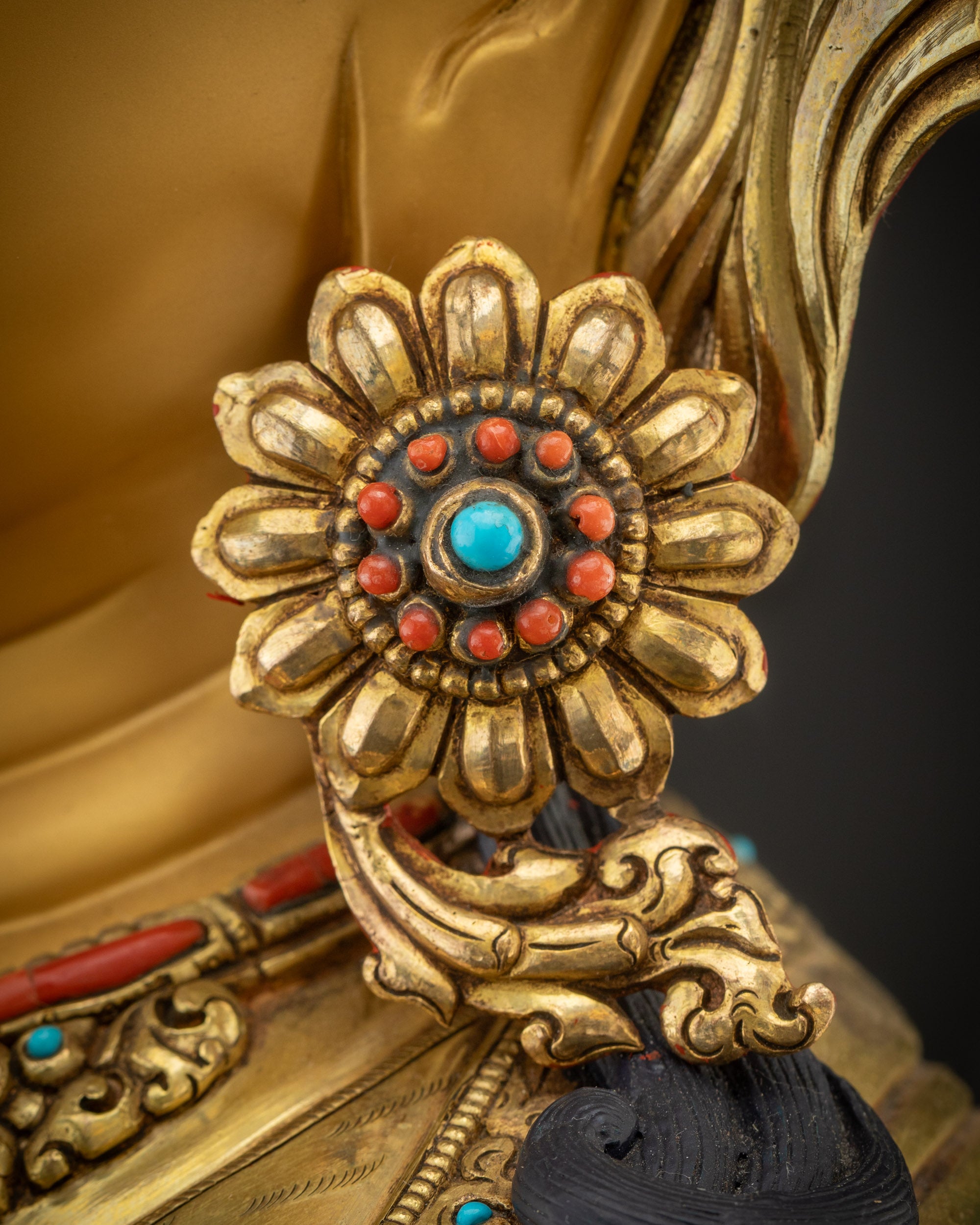 Detailed view earrings and face Avalokiteshvara Bodhisattva meditation piece