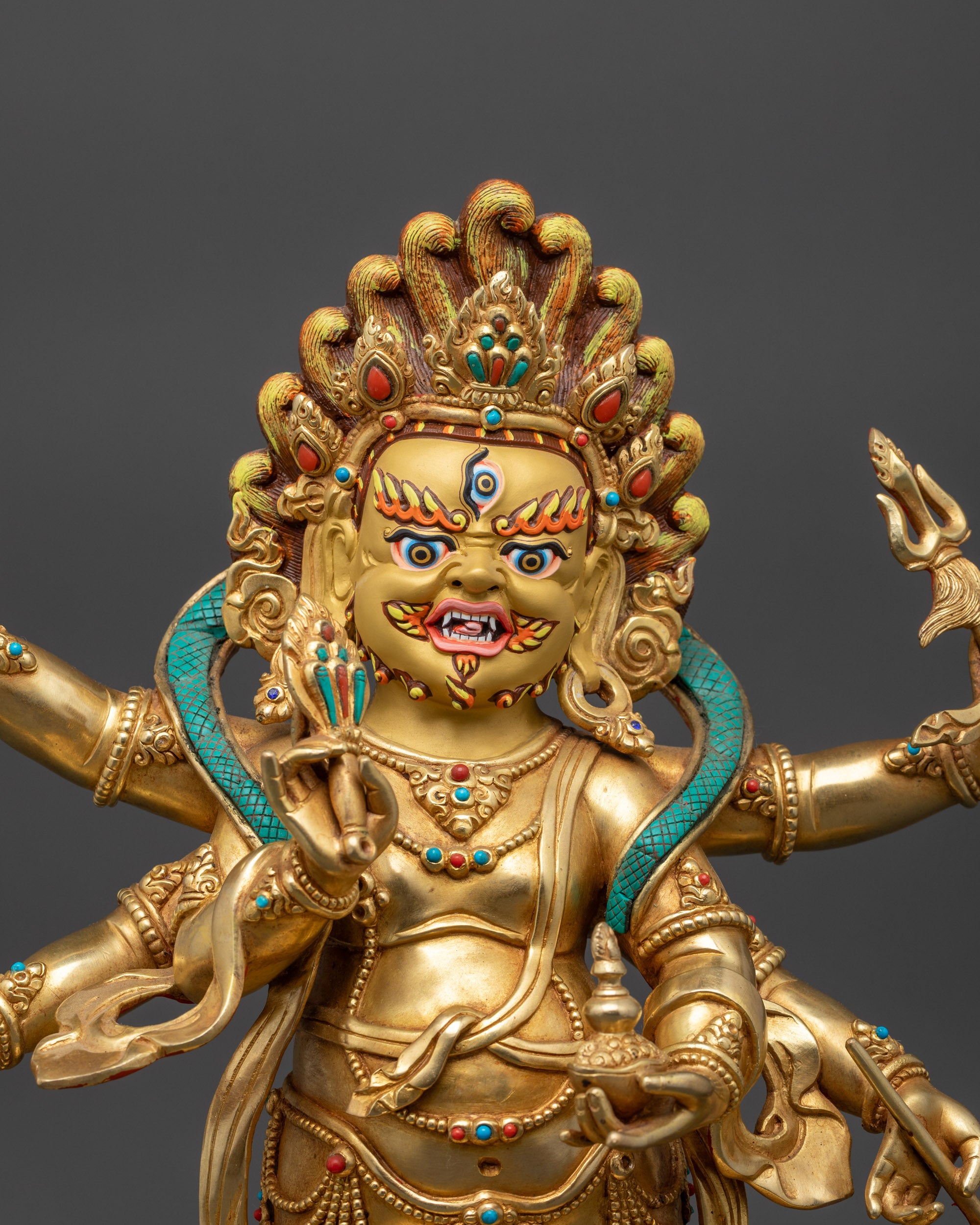 Detailed view six-armed Mahakala holding kapala and kartika knife sacred implements