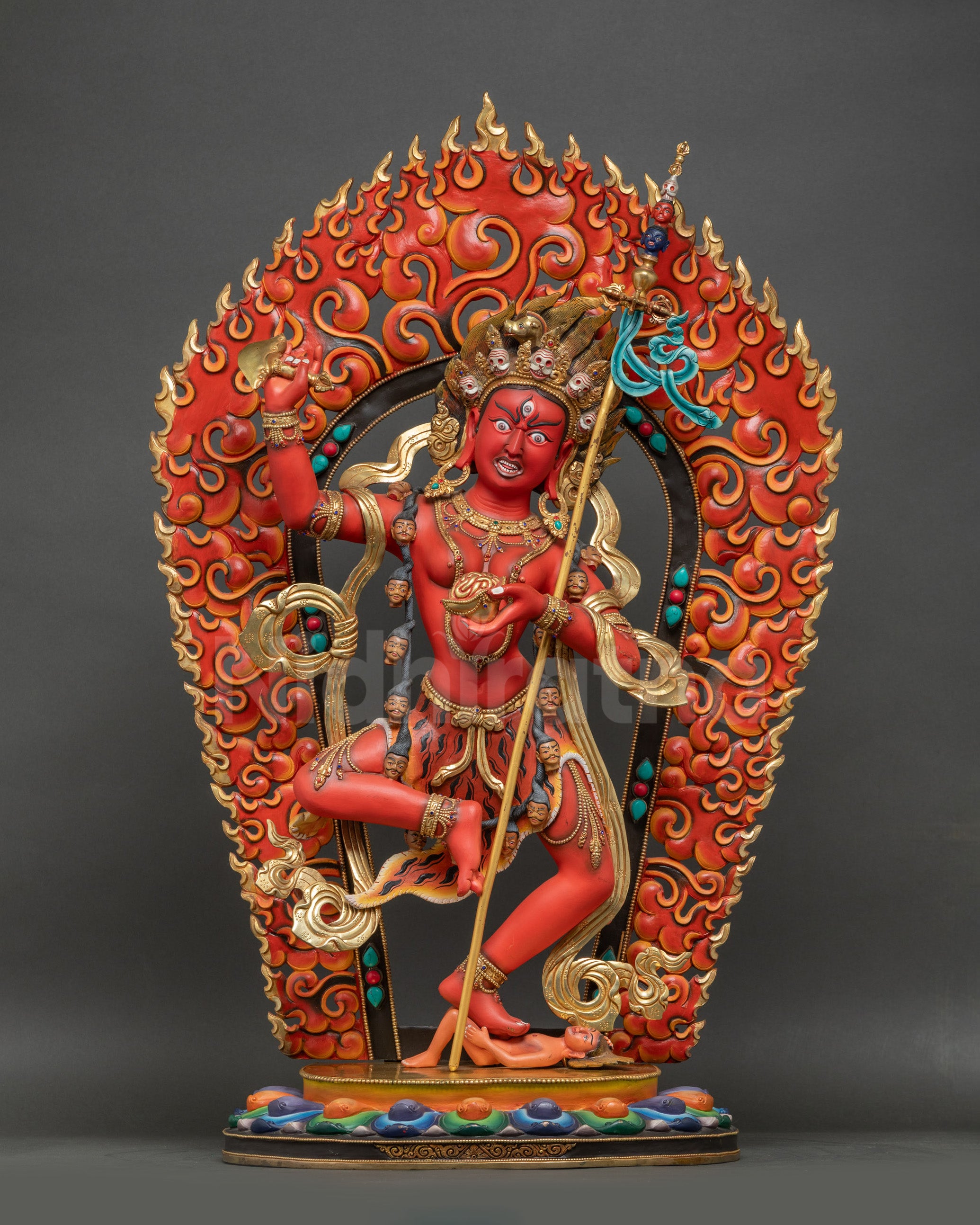 Dorje Phagmo Statue Nepalese Copper Sculpture on Lotus with Halo Front View